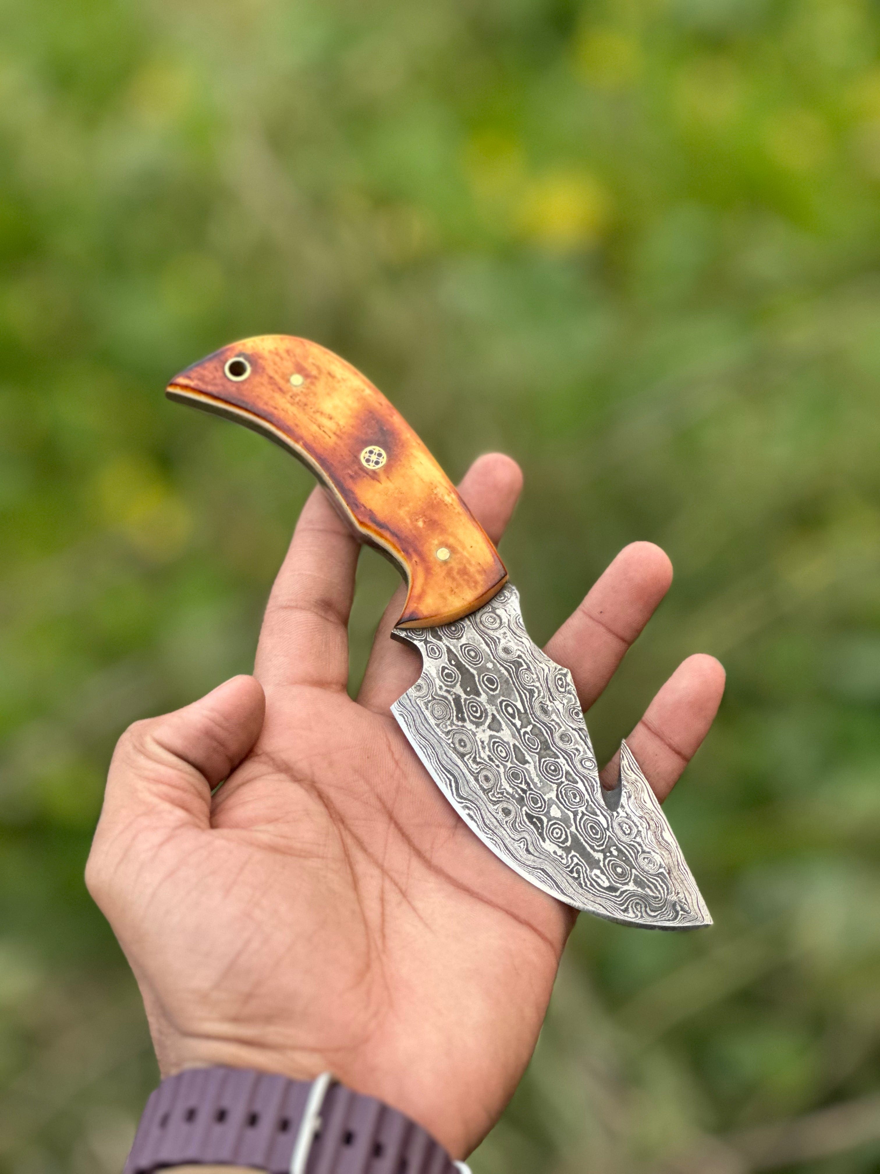 Texan Knives skinning knives Custom Handmade Damascus Steel Guthook Skinning Knife with Camel Bone Handle - 7.5” Blade with Leather Sheath