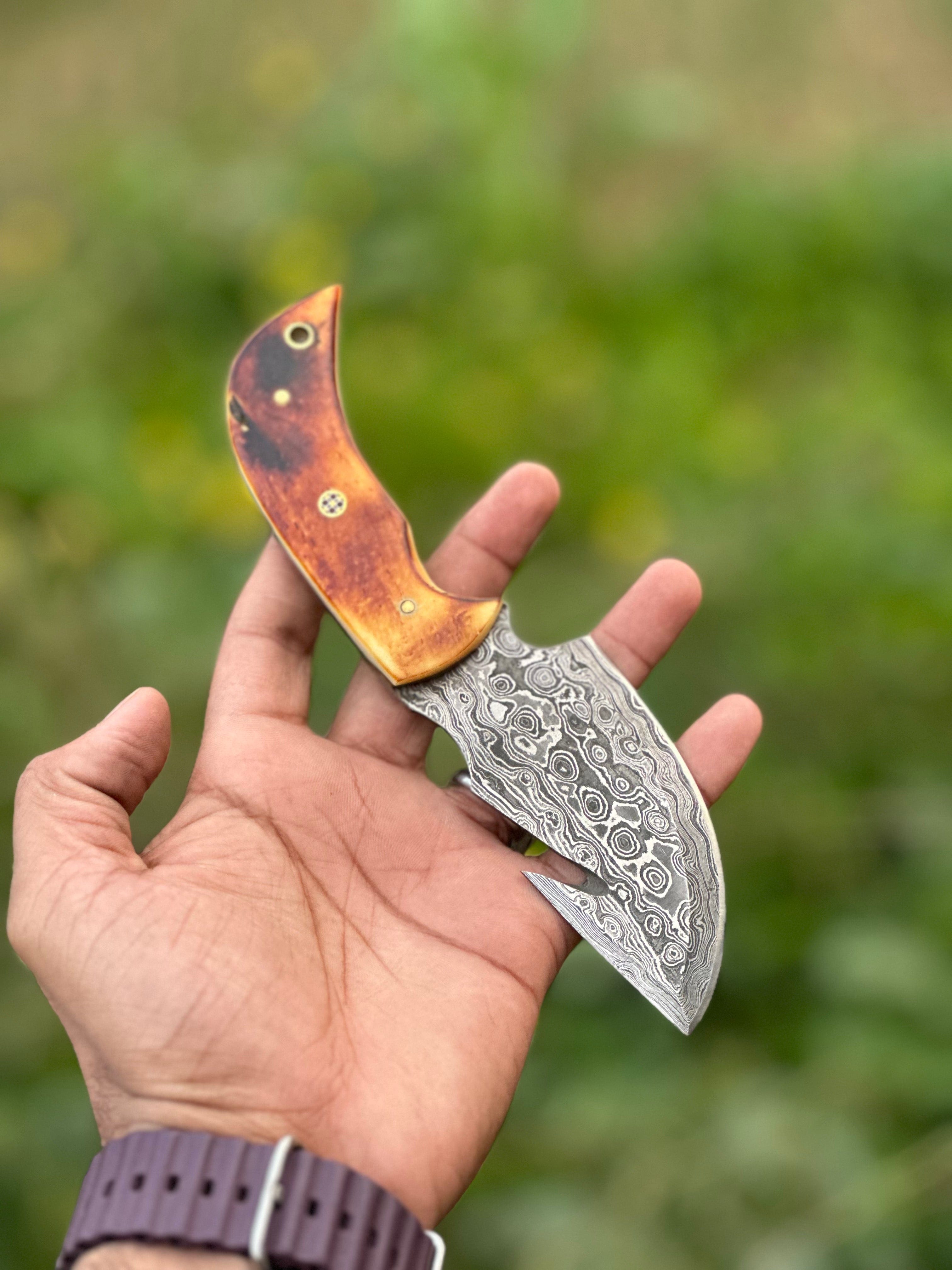 Texan Knives skinning knives Custom Handmade Damascus Steel Guthook Skinning Knife with Camel Bone Handle - 7.5” Blade with Leather Sheath