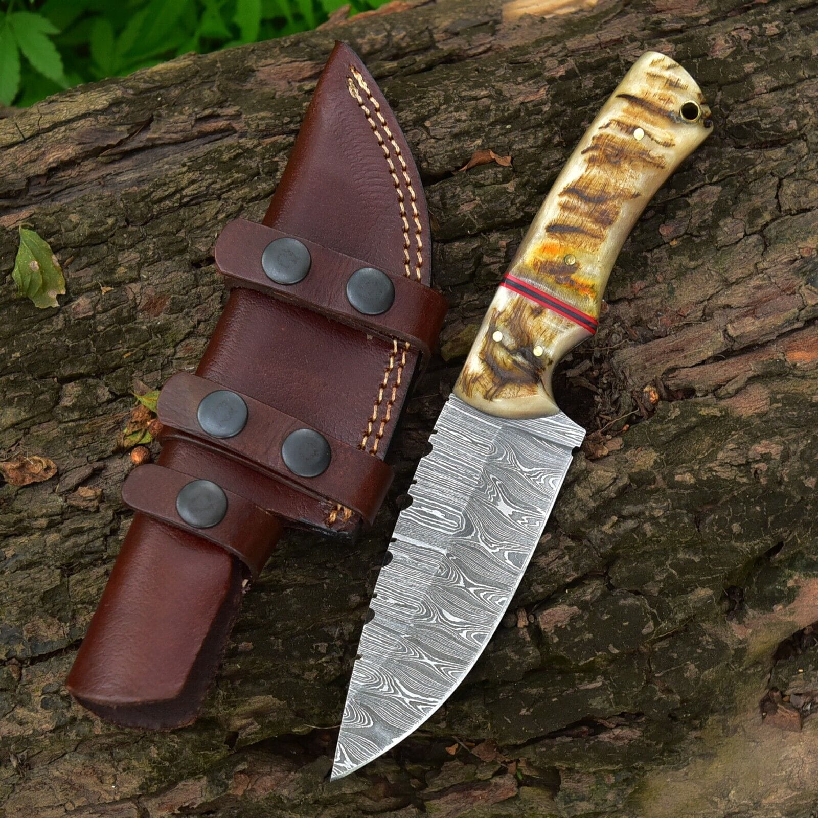 Texan Knives Skinning Knives Custom Handmade Damascus Steel Skinner Knife with Sheep Horn Handle – 4.5" Blade