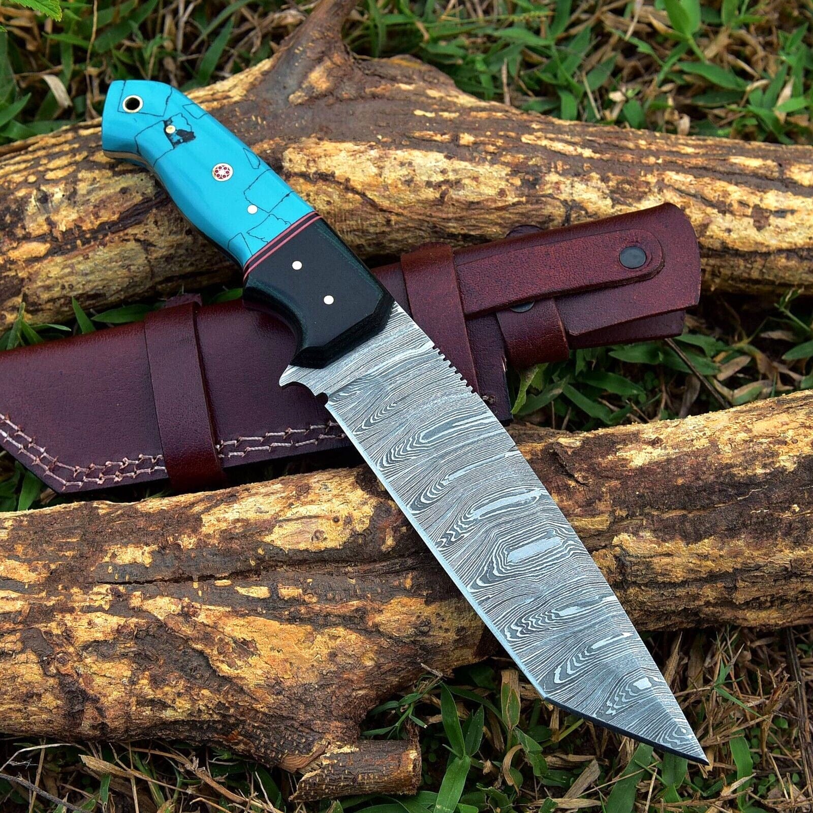 Texan Knives skinning knives Custom Handmade Damascus Steel Skinning Knife - 4.5" Blade, Resin Handle