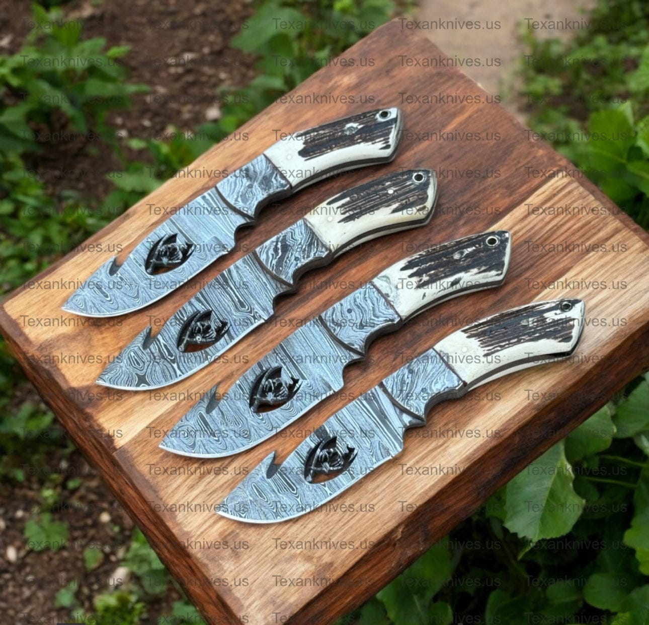 Texan Knives Skinning Knives Custom Handmade Guthook Hunter Knife | Damascus Steel & Stag Horn Handle