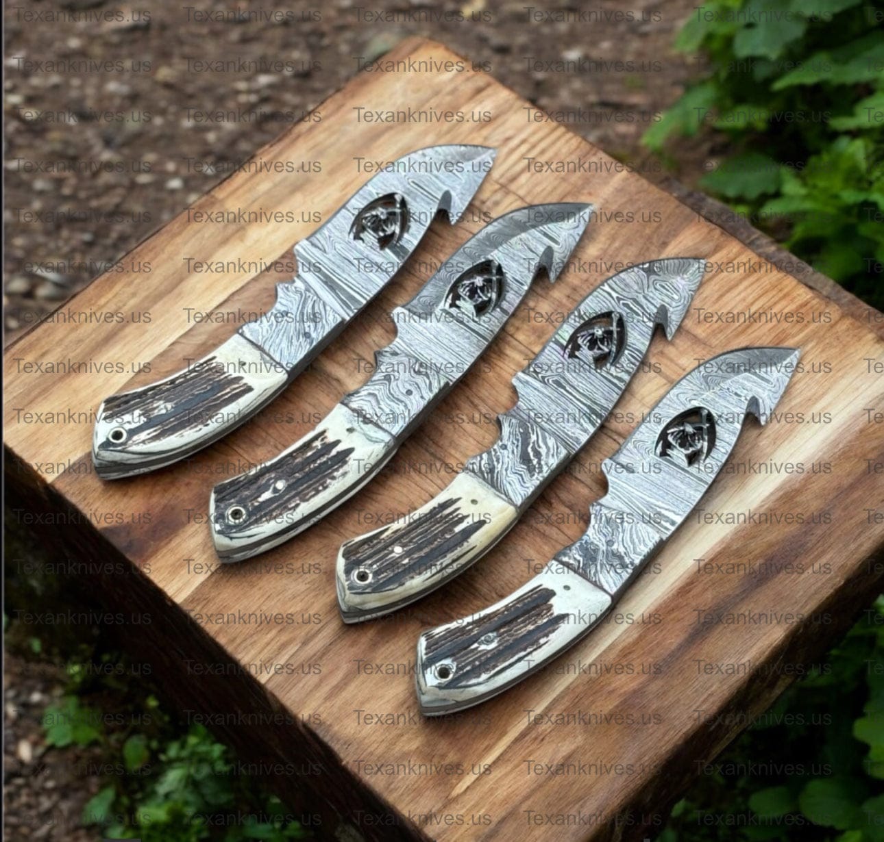 Texan Knives Skinning Knives Custom Handmade Guthook Hunter Knife | Damascus Steel & Stag Horn Handle