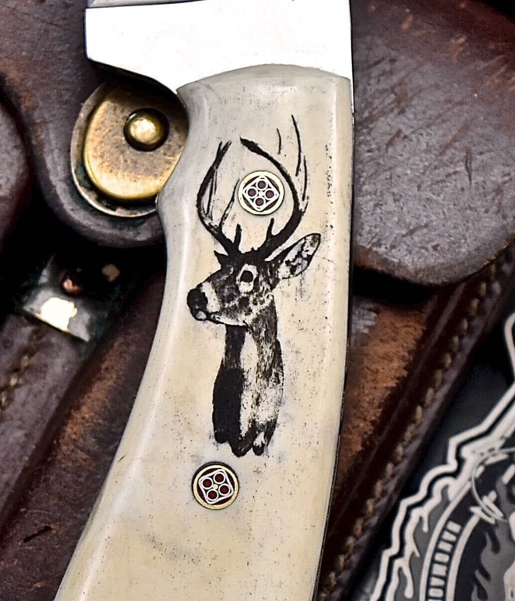Texan Knives Skinning Knives Custom Handmade J2 Steel Skinning Knife – 4.5" Blade, Engraved Camel Bone Handle