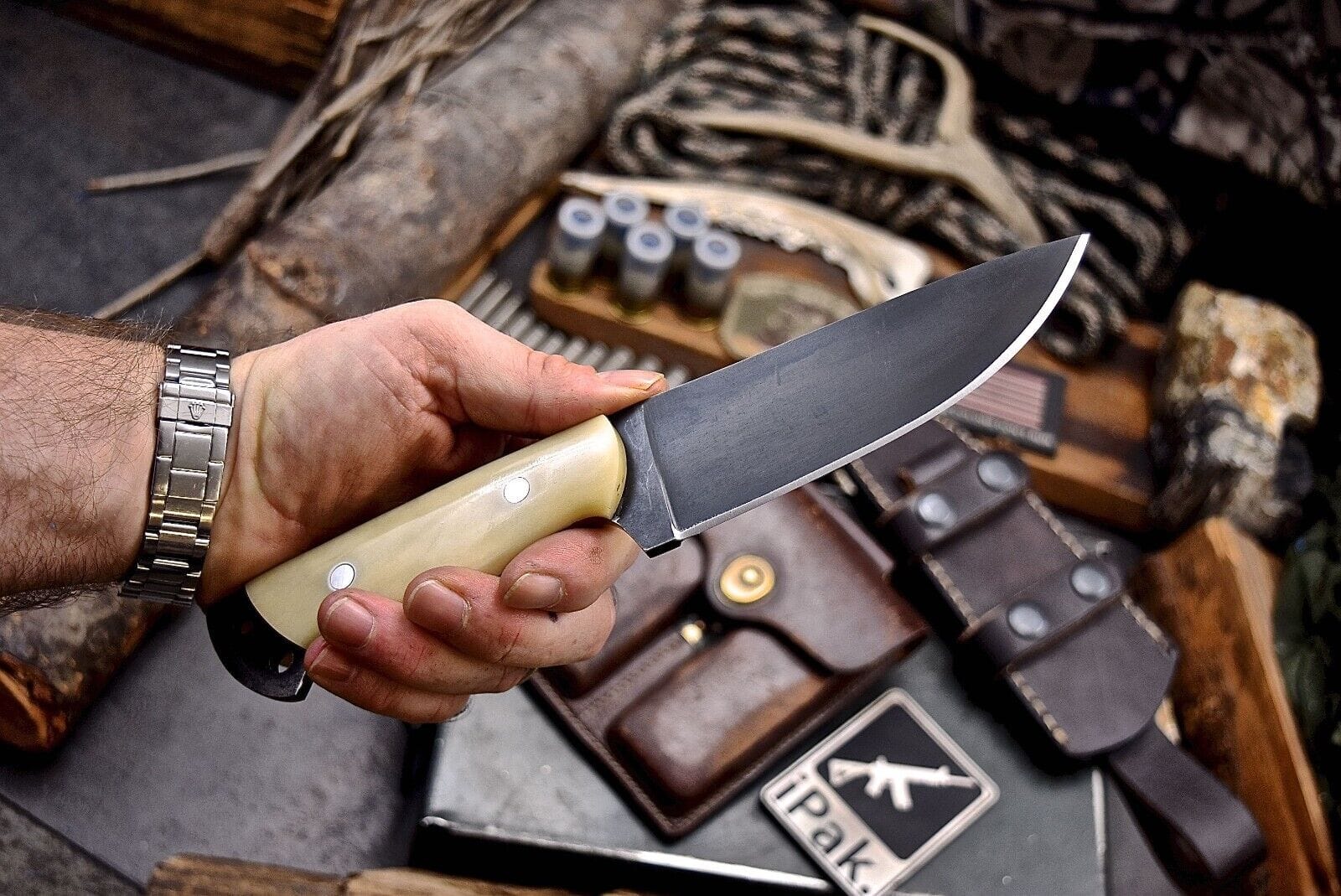 Texan Knives skinning knives Custom Handmade J2 Steel Skinning Knife with Camel Bone Handle – 4.5" Blade