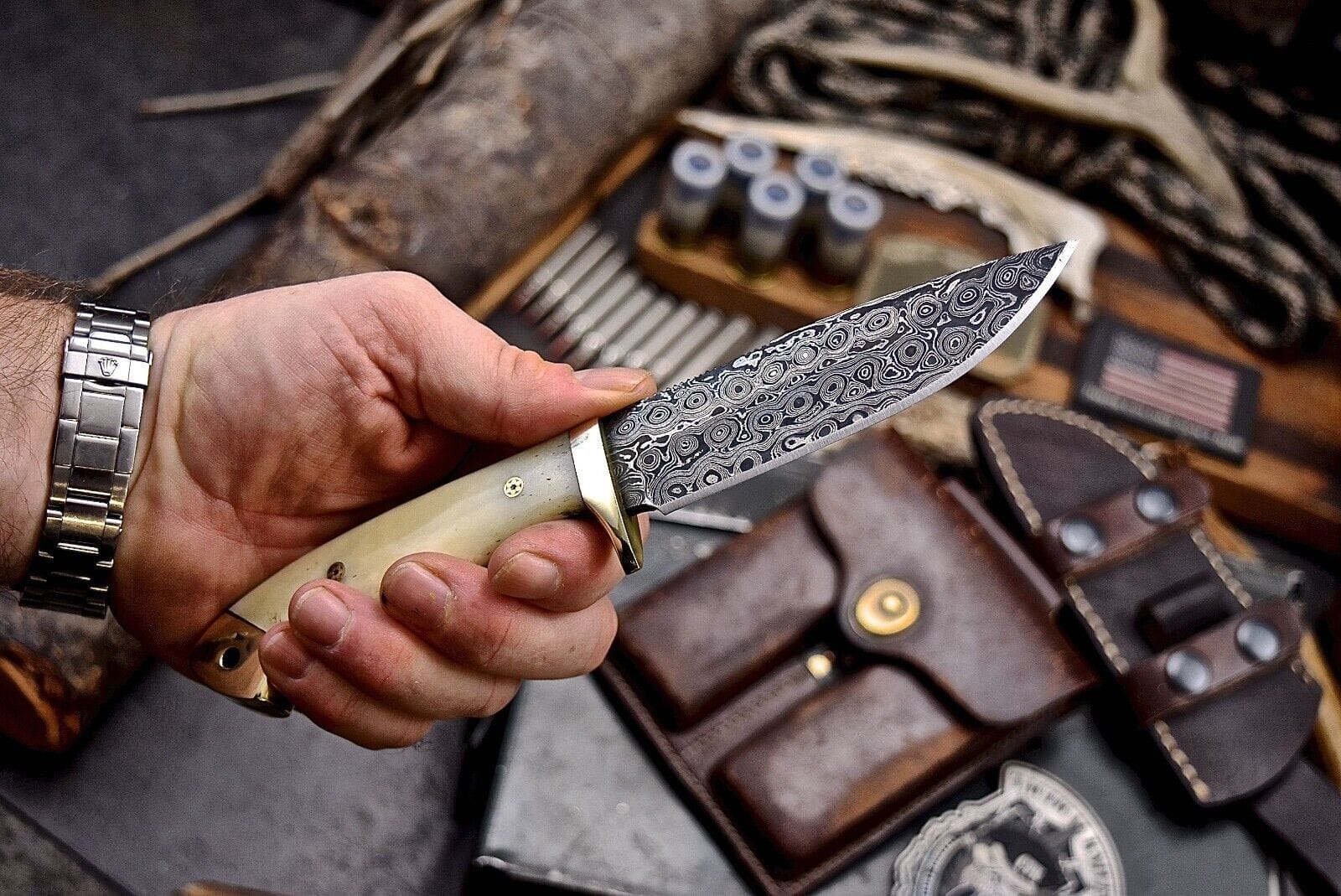Texan Knives skinning knives Custom Handmade Skinning Knife - Damascus Steel, 4.5" Blade