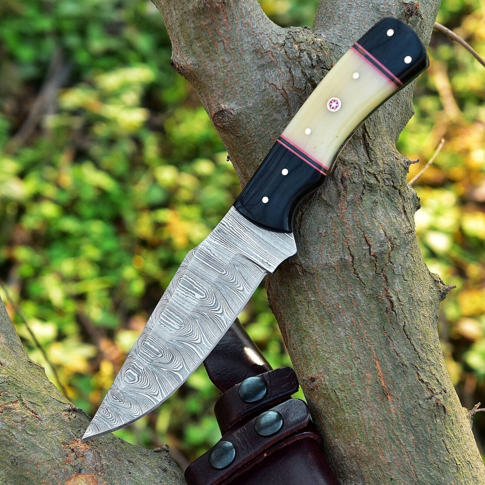 Texan Knives skinning knives Custom Handmade Skinning Knife Set - 4.5" Damascus Blade, Camel Bone & Resin Handle