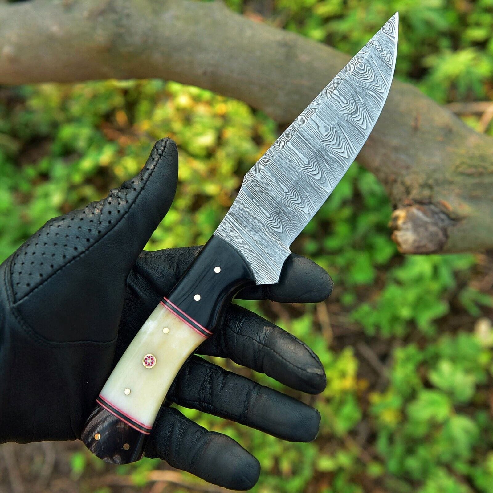 Texan Knives skinning knives Custom Handmade Skinning Knife Set - 4.5" Damascus Blade, Camel Bone & Resin Handle