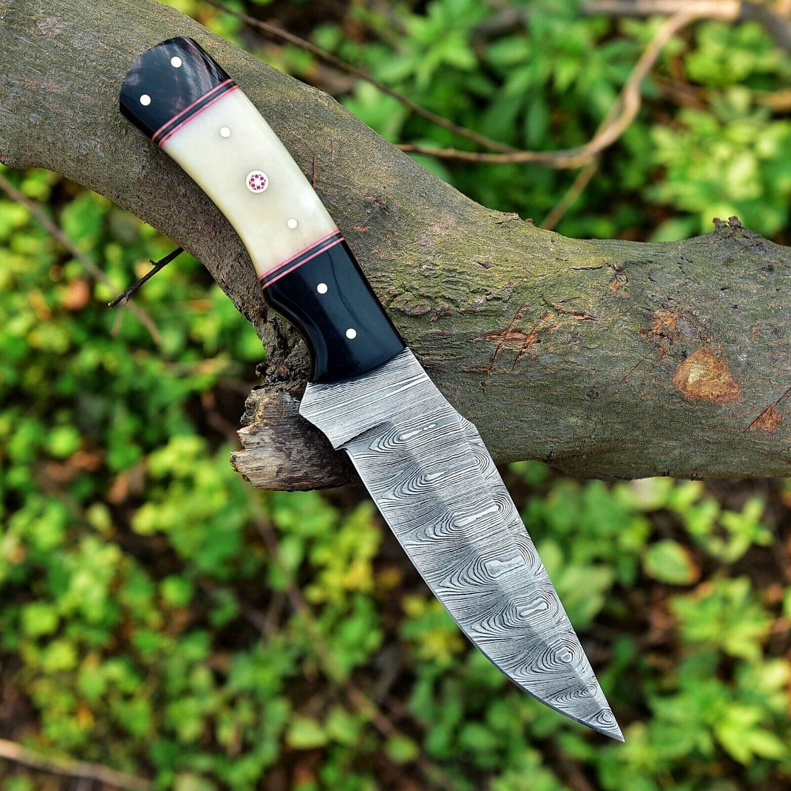 Texan Knives skinning knives Custom Handmade Skinning Knife Set - 4.5" Damascus Blade, Camel Bone & Resin Handle