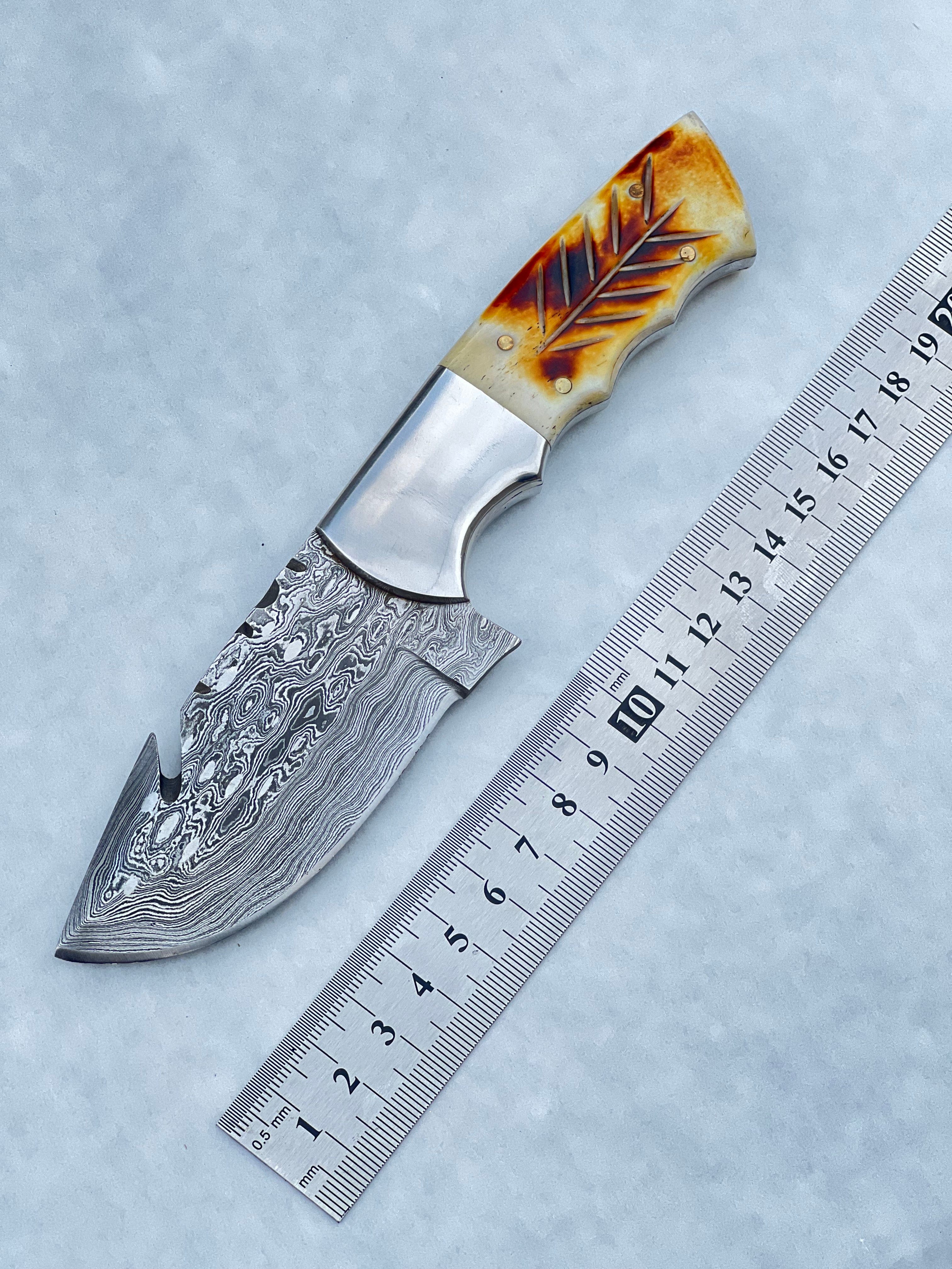 Texan Knives skinning knives Damascus Steel Fixed Blade Knife with Camel Bone & Rosewood Handle - 7.5" Custom Pocket Knife with Leather Sheath