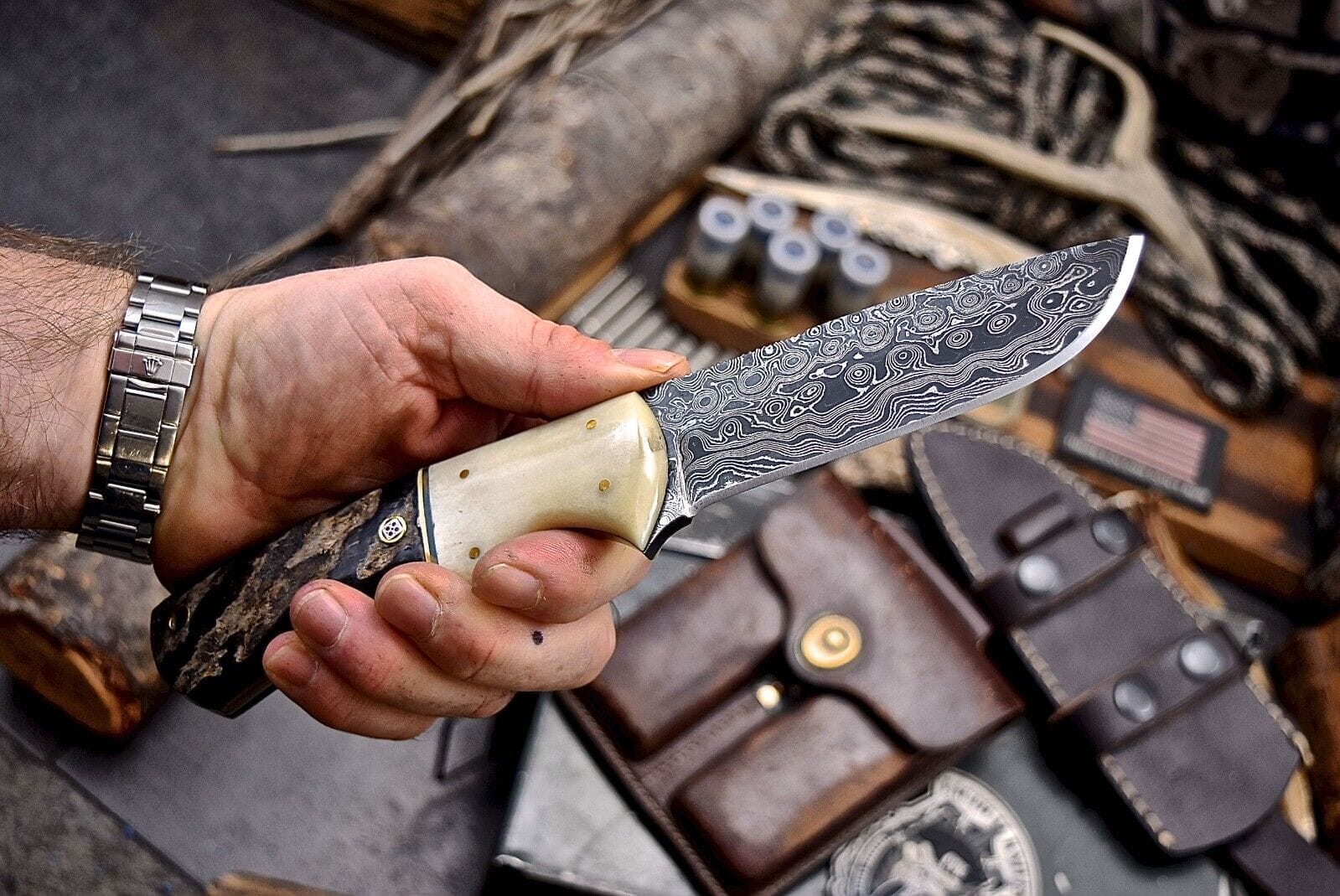 Texan Knives skinning knives Handmade Damascus Skinning Knife with Camel Bone & Sheep Horn Handle