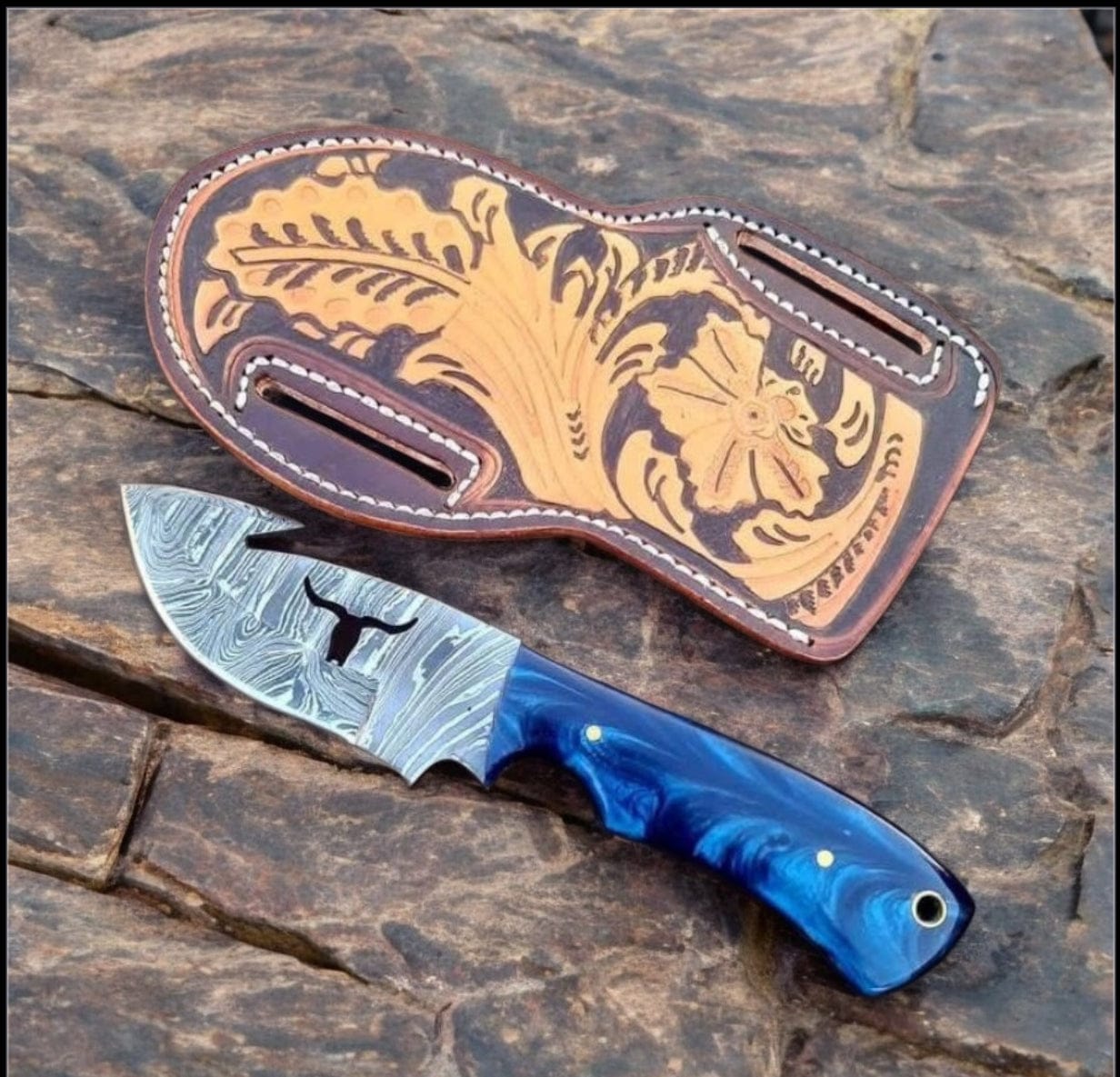 Texan Knives skinning knives Premium 9" Damascus Guthook Skinning Knife with Resin Handle