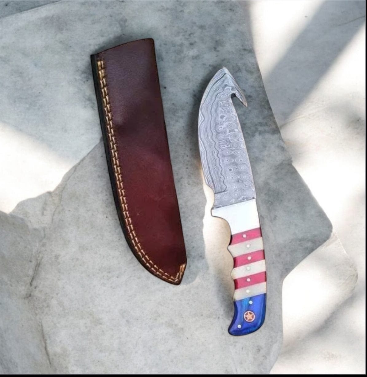 Texan Knives skinning knives Premium Guthook Skinning Knife – 9" Damascus Steel Blade with Texas Flag Handle & Leather Sheath