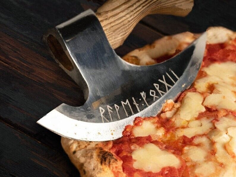 Texan Knives viking pizza cutter Custom Hand Engraved Ax Pizza Cutter - 8-Inch J2 Steel Blade