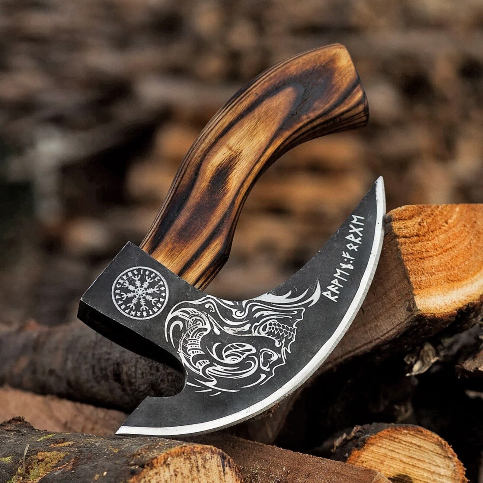 Texan Knives viking pizza cutter Custom Hand-Engraved Pizza Axe with 8-Inch J2 Steel Blade and Wooden Handle