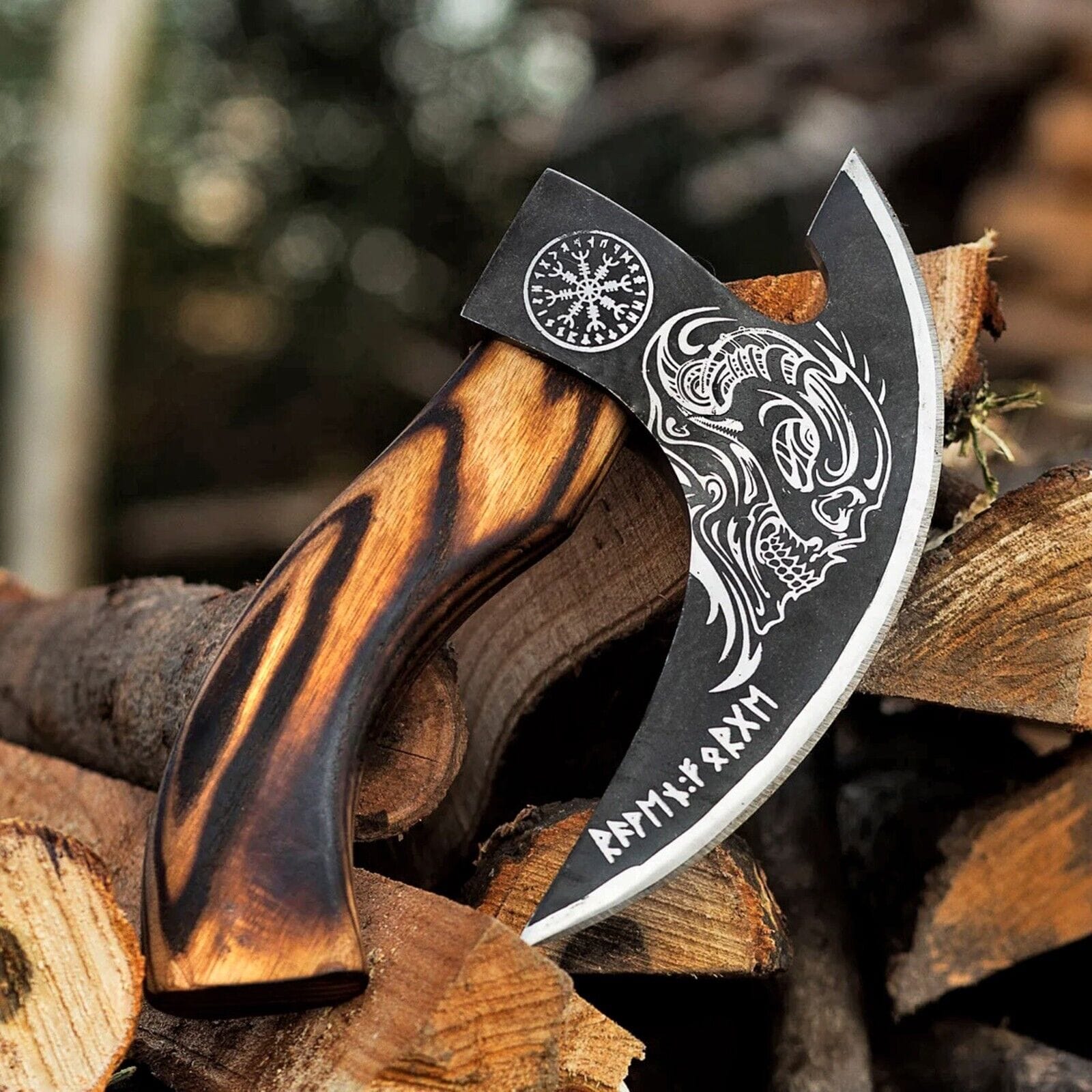 Texan Knives viking pizza cutter Custom Hand-Engraved Pizza Axe with 8-Inch J2 Steel Blade and Wooden Handle