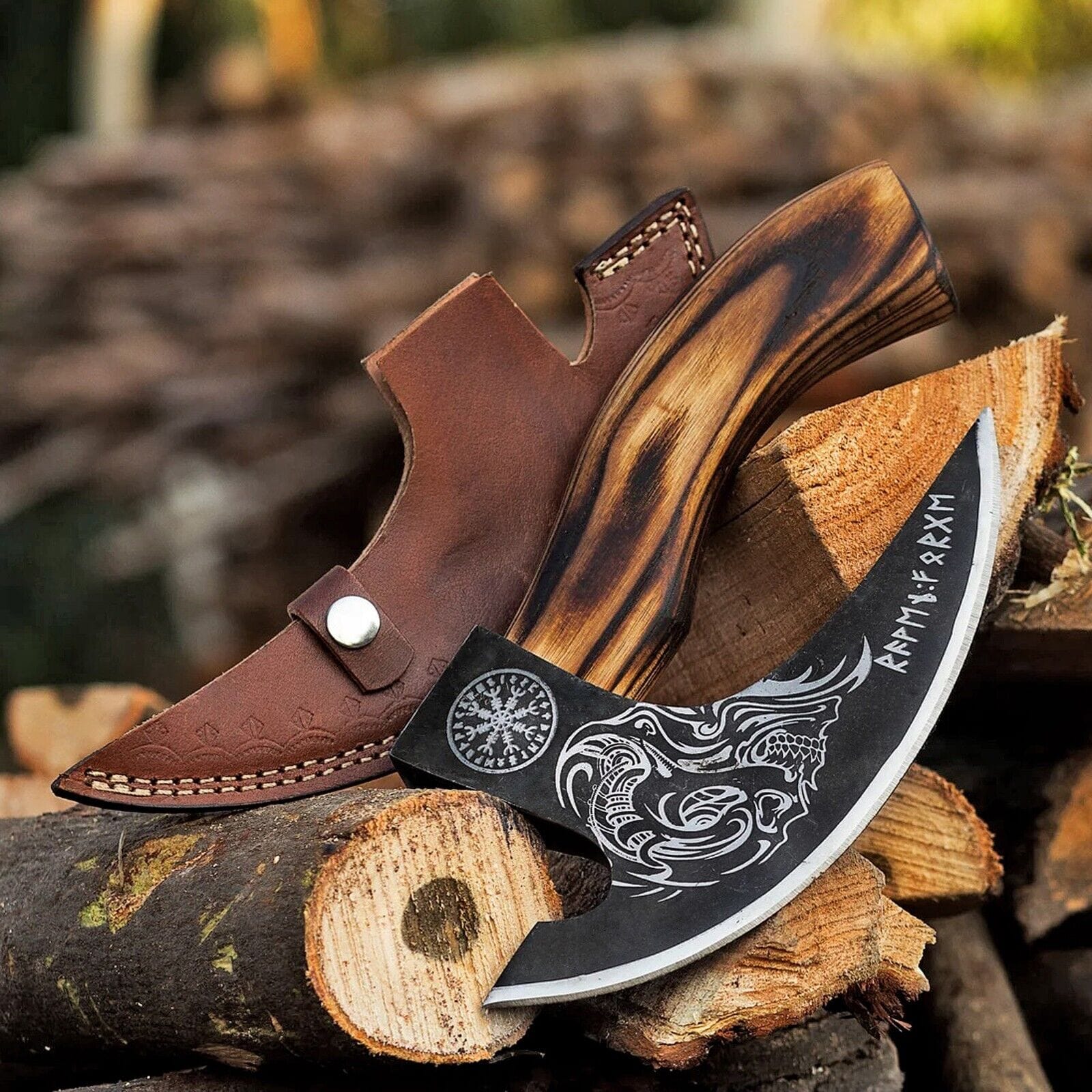 Texan Knives viking pizza cutter Custom Hand-Engraved Pizza Axe with 8-Inch J2 Steel Blade and Wooden Handle