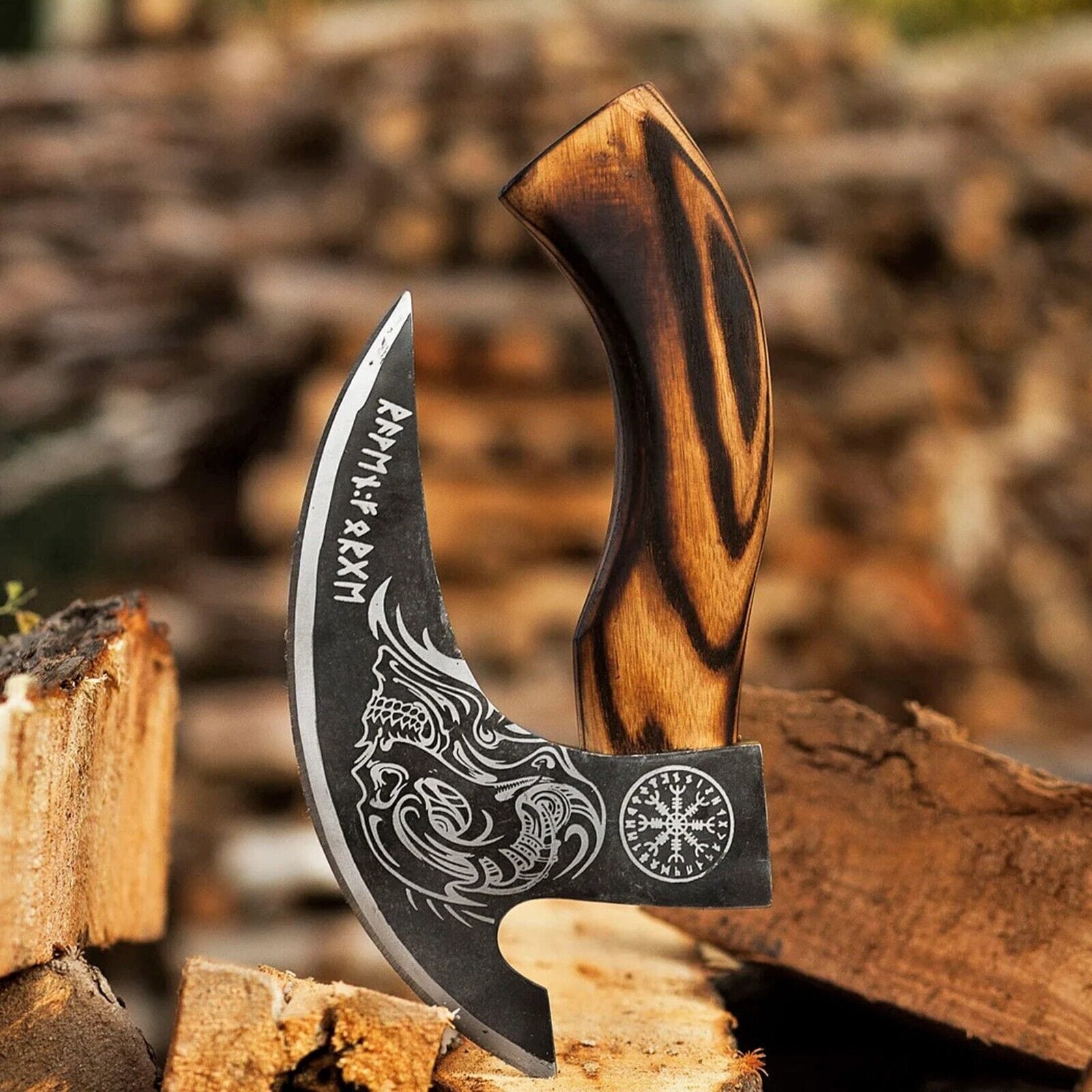 Texan Knives viking pizza cutter Custom Hand-Engraved Pizza Axe with 8-Inch J2 Steel Blade and Wooden Handle