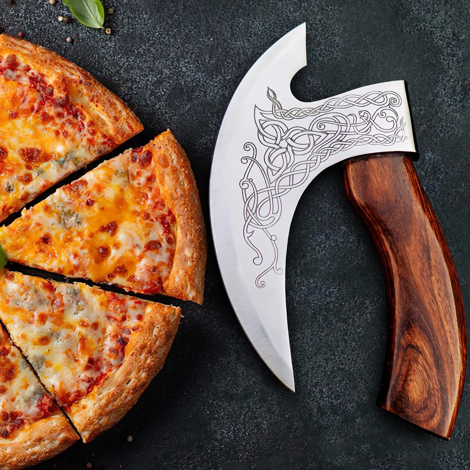 Texan Knives Viking Pizza Cutter Viking Axe Pizza Cutter – Hand Engraved 8-Inch J2 Steel Blade
