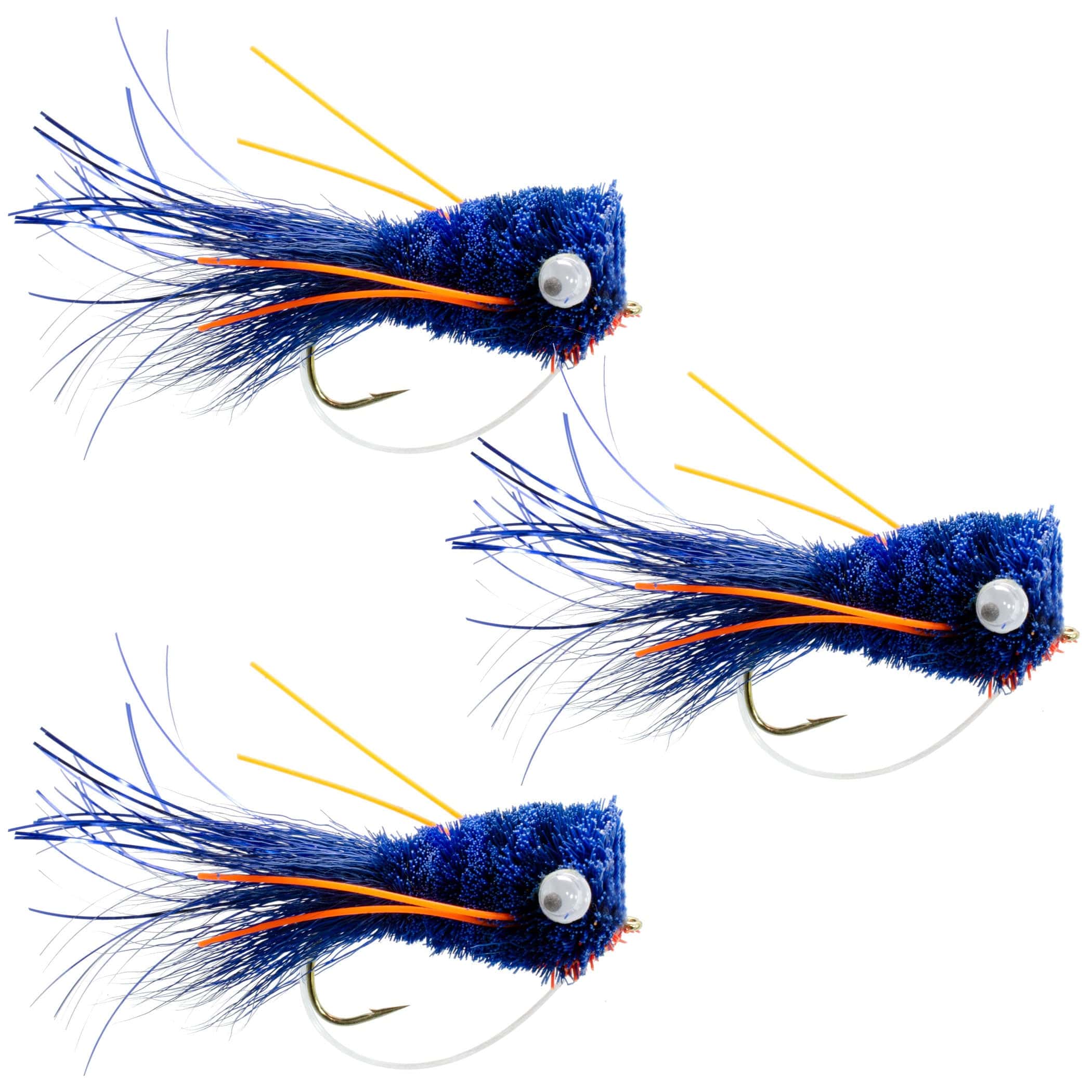 The Fly Fishing Place Bass Flies 3 Pack Flashtail Bass Popper Size 6 - Blue Orange Bass Fly Fishing Bug Wide Gape Bass Hooks With Weed Guard