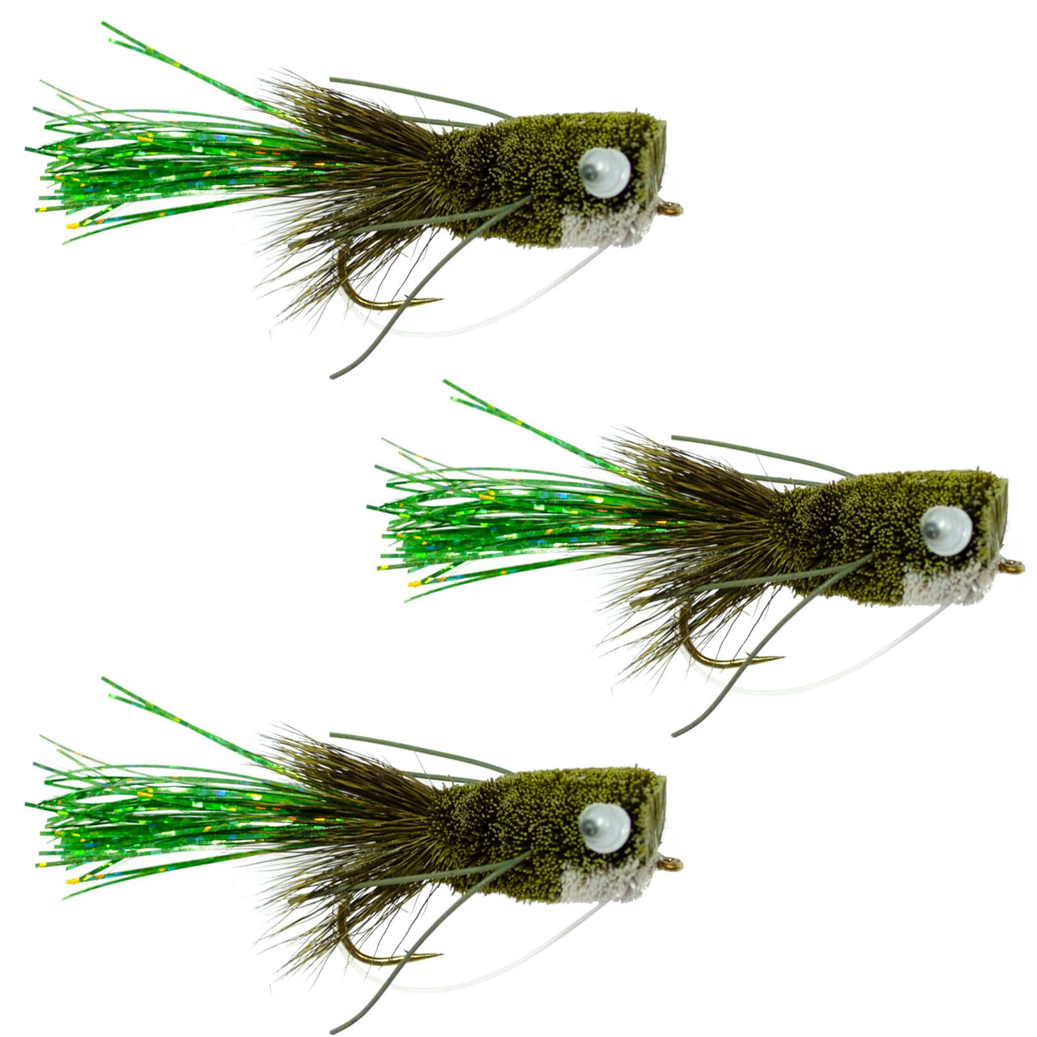 The Fly Fishing Place Bass Flies 3 Pack Flashtail Bass Popper Size 8 - Olive Bass Fly Fishing Bug Wide Gape Bass Hooks With Weed Guard