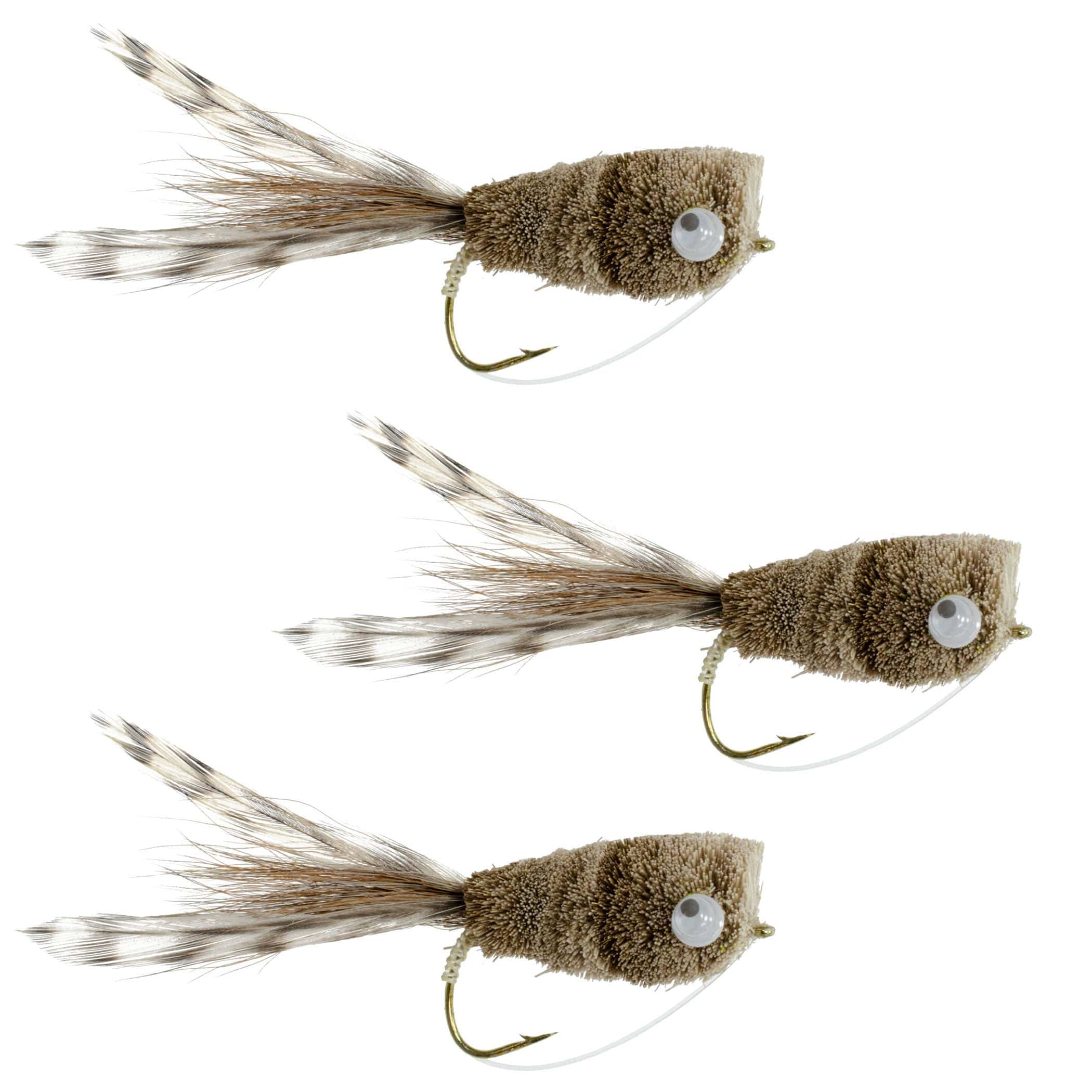 The Fly Fishing Place Bass Flies 3 Pack Natural Deer Hair and Grizzly Bass Popper Size 8 Bass Fly Fishing Bug Wide Gape Bass Hooks With Weed Guard