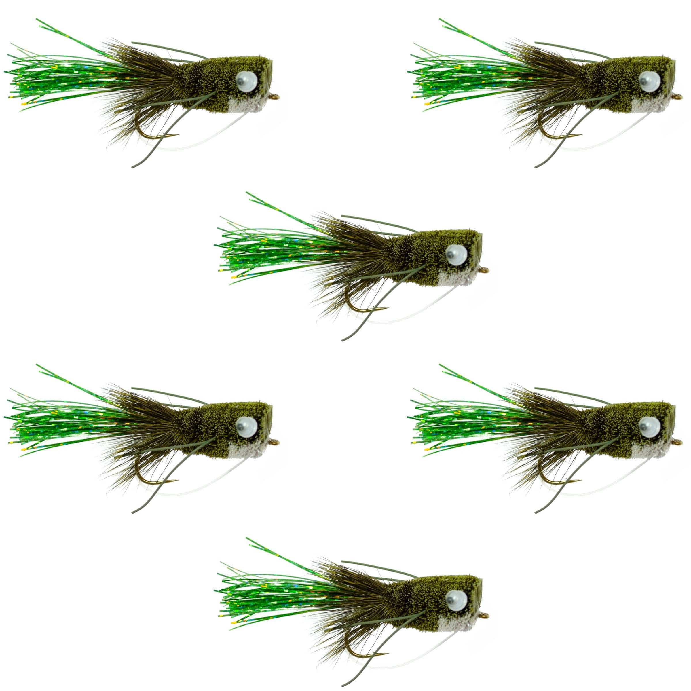 The Fly Fishing Place Bass Flies Flashtail Bass Popper 6 Flies Size 8 - Olive Bass Fly Fishing Bug Wide Gape Bass Hooks With Weed Guard