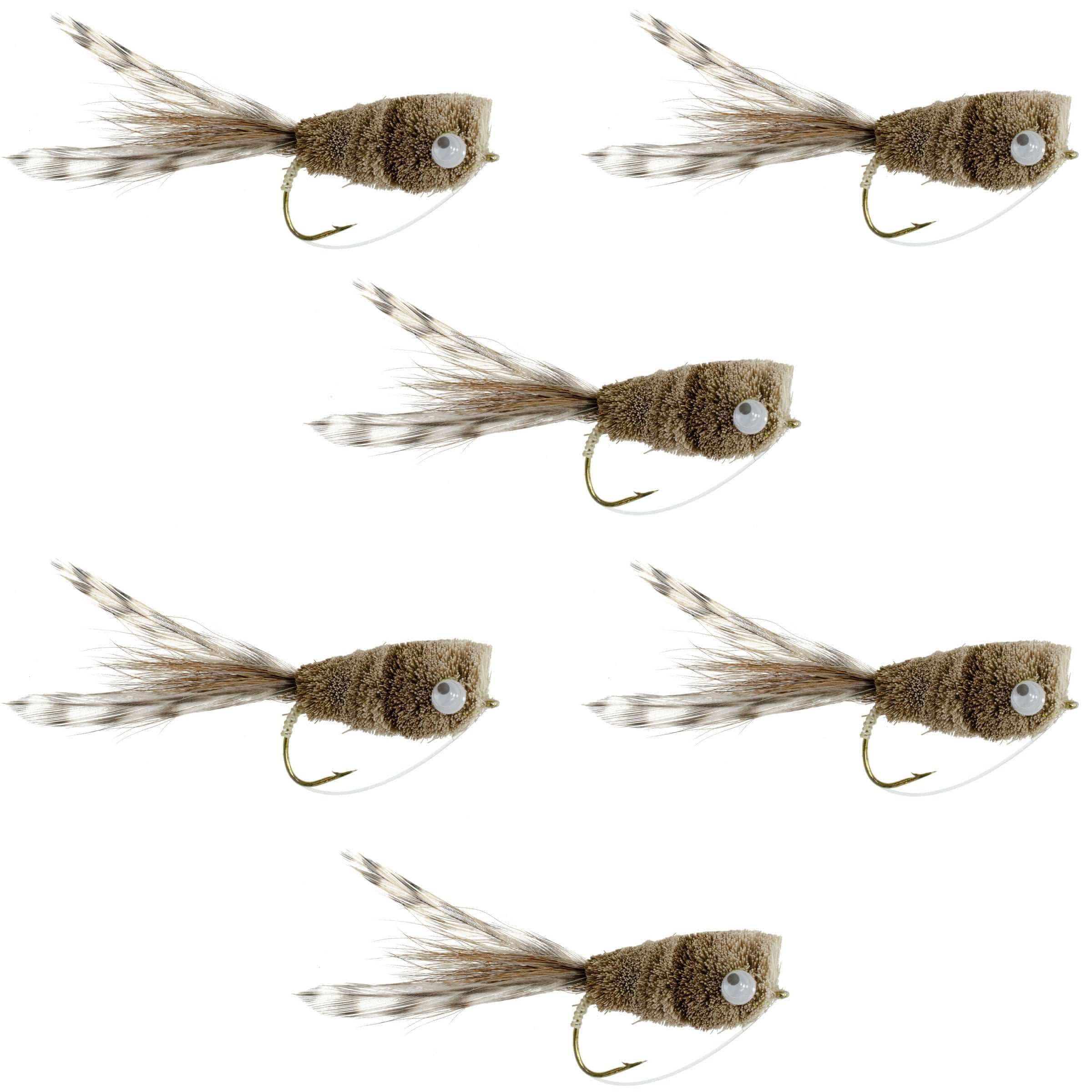 The Fly Fishing Place Bass Flies Natural Deer Hair and Grizzly Bass Popper 6 Flies Hook Size 8 Bass Fly Fishing Bug Wide Gape Bass Hooks With Weed Guard