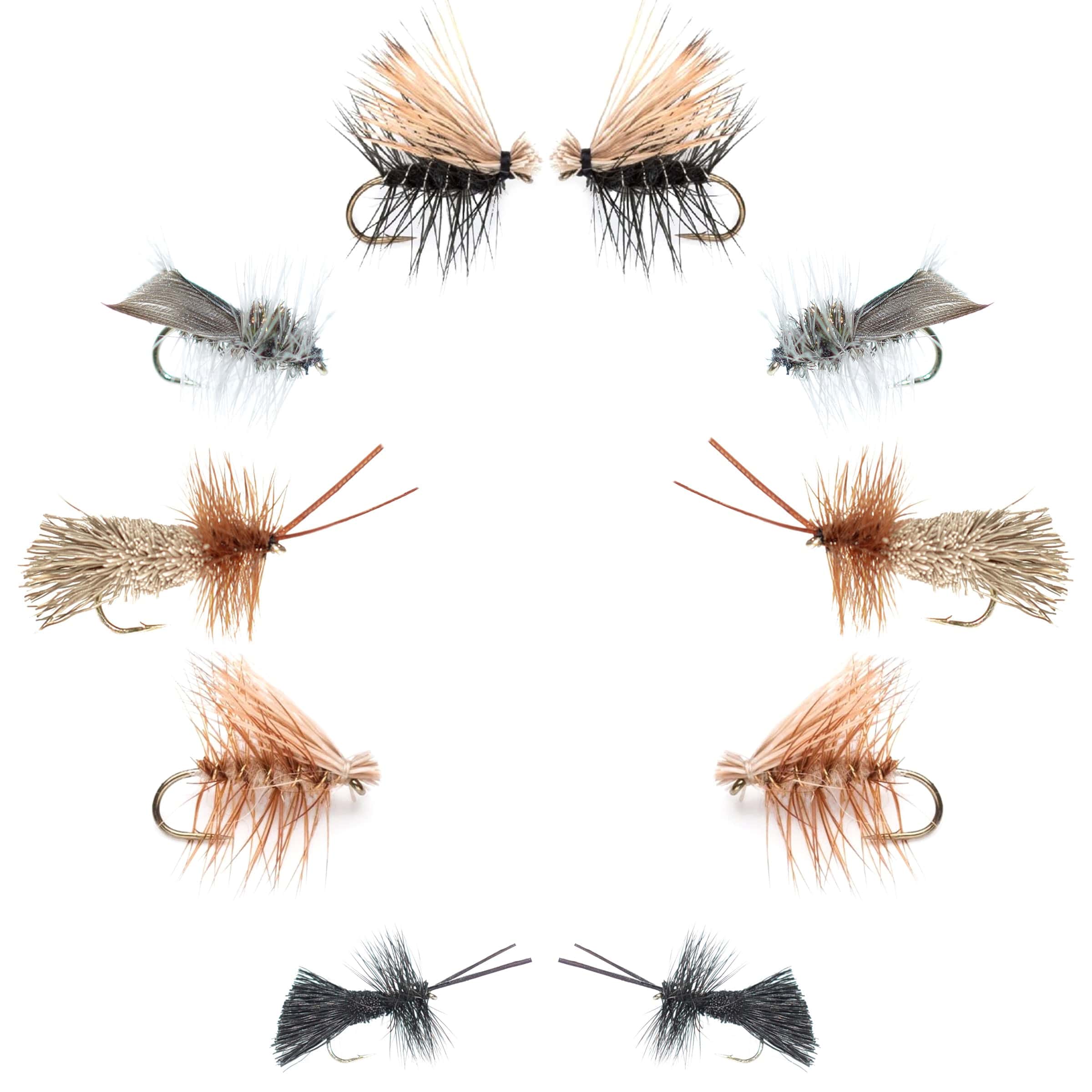 The Fly Fishing Place Fishing Fly Assortments Basics Collection - Essential Caddis Dry Fly Assortment - 10 Dry Fishing Flies - 5 Patterns - Hook Sizes 12, 14, 16, 18