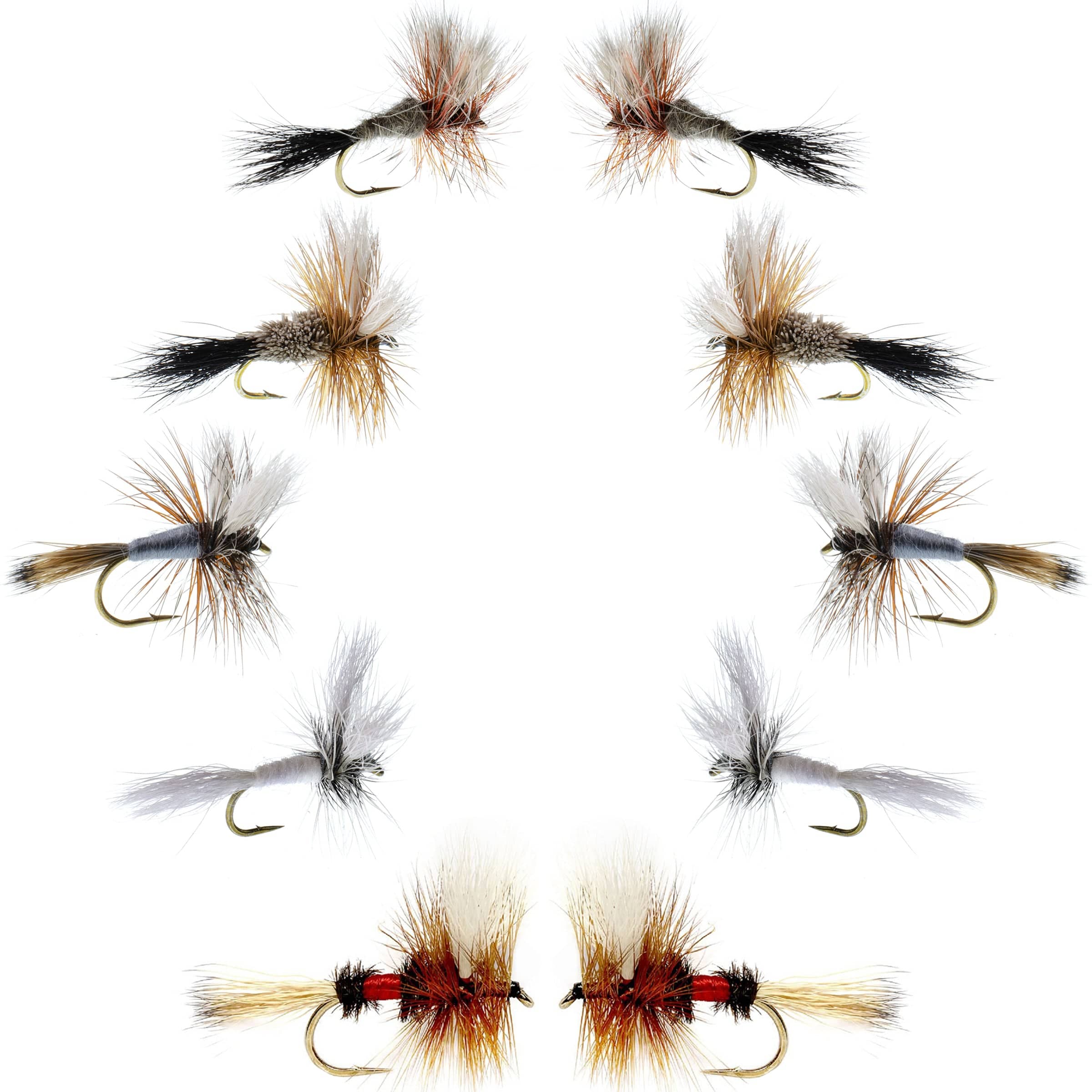 The Fly Fishing Place Fishing Fly Assortments Basics Collection - Wulff Dry Fly Assortment - 10 Dry Fishing Flies - 5 Patterns - Hook Sizes 10, 12, 14