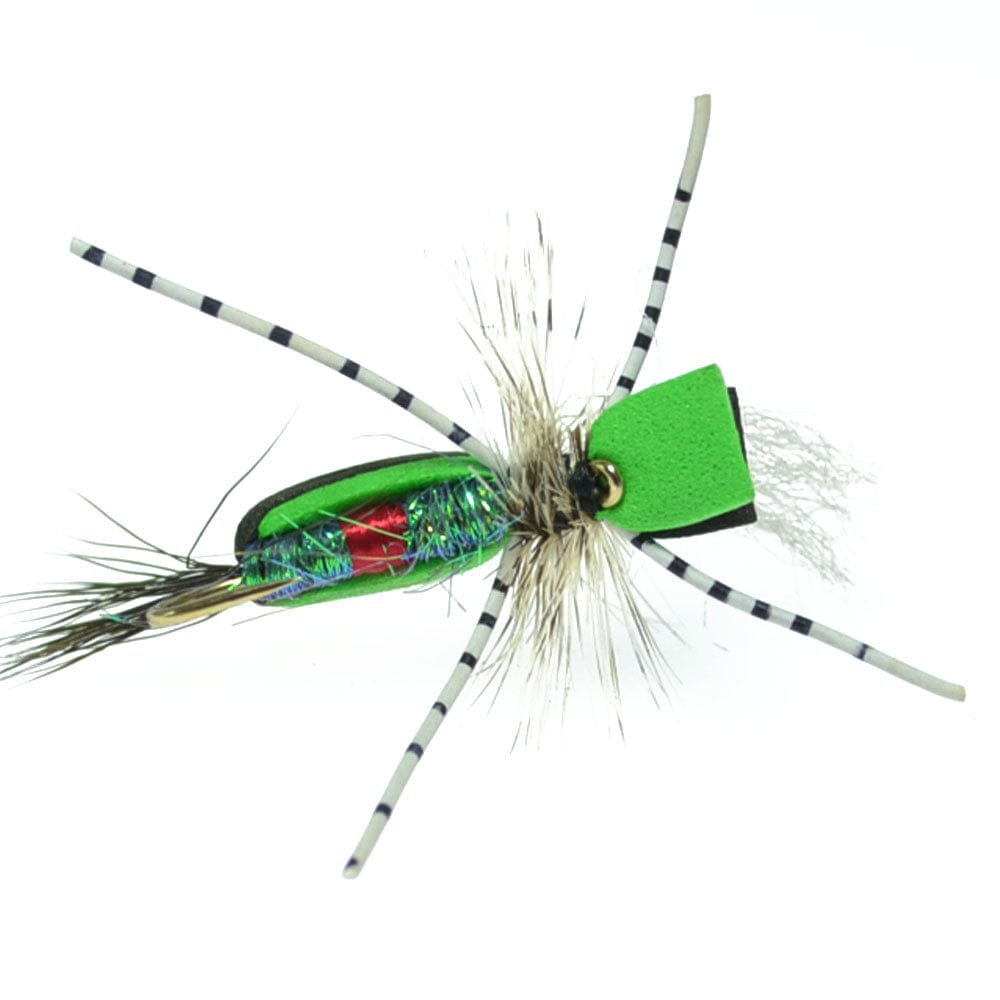The Fly Fishing Place Hippie Stomper Black Green Foam Body Grasshopper Dry Fly - 4 Flies  Size 10