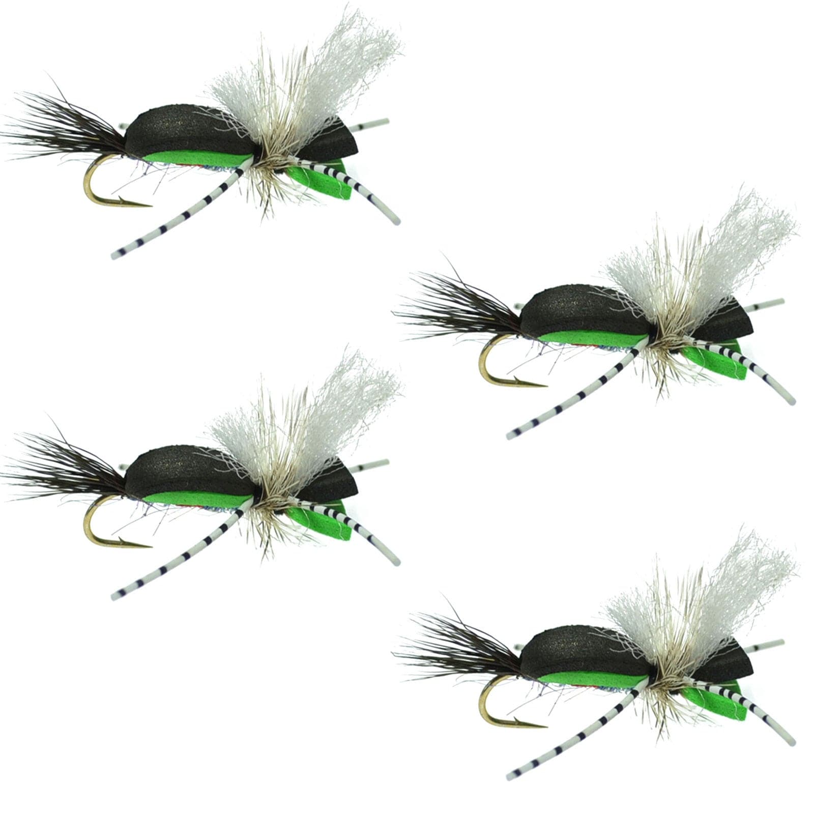 The Fly Fishing Place Hippie Stomper Black Green Foam Body Grasshopper Dry Fly - 4 Flies Size 14