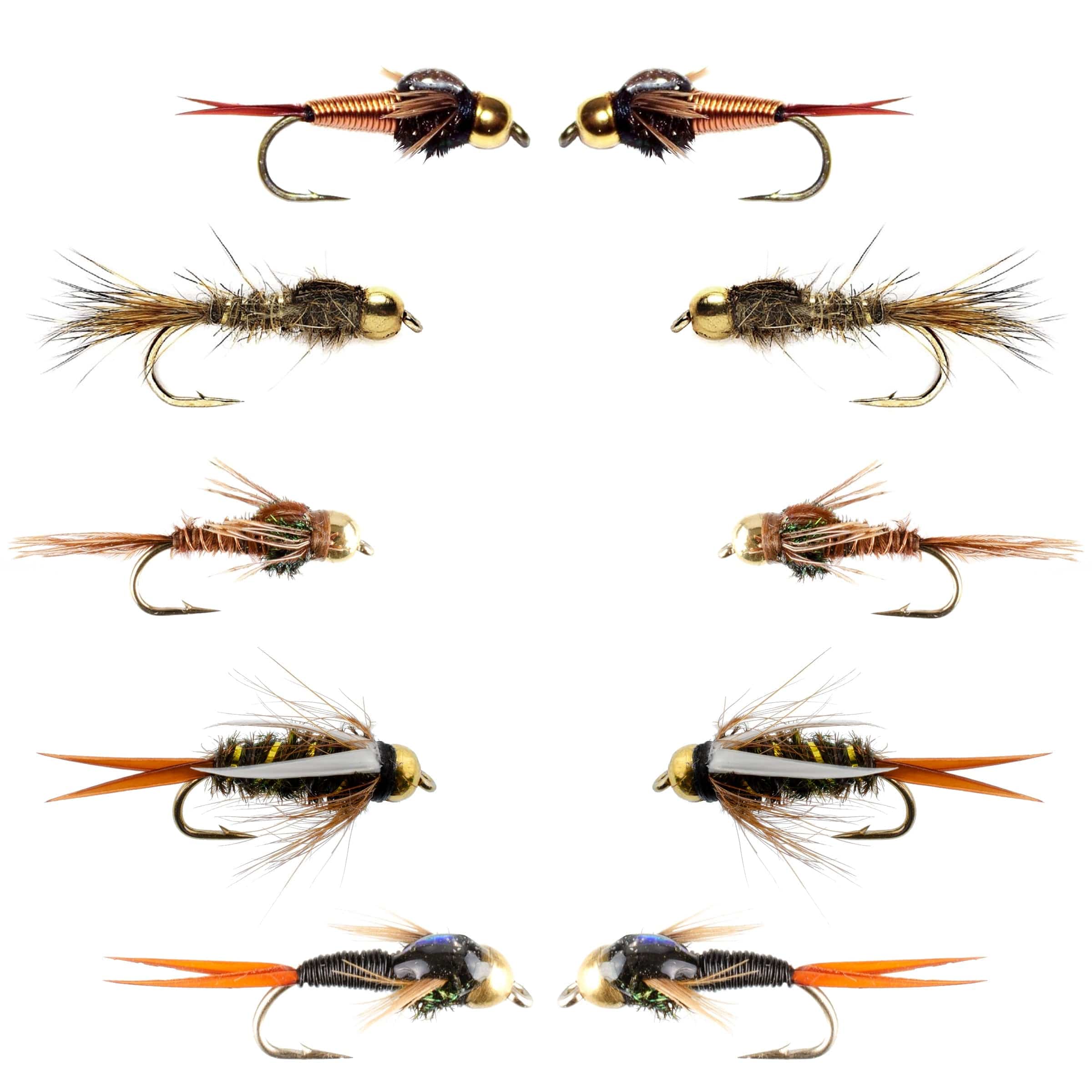 The Fly Fishing Place Nymph Flies Basics Collection - Copper John and Bead Head Nymph Assortment - 10 Wet Flies - 5 Patterns - Hook Sizes 10, 12, 14, 16