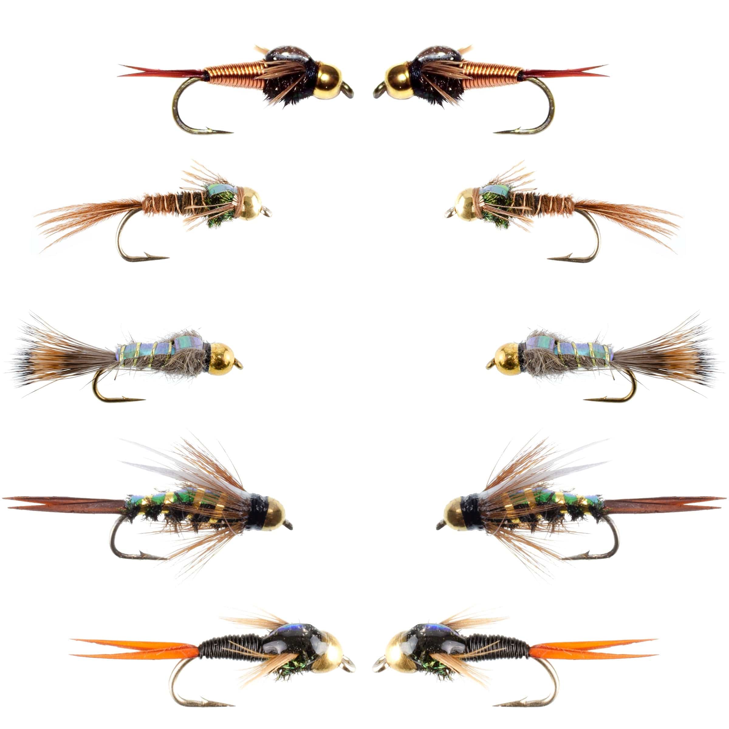 The Fly Fishing Place Nymph Flies Basics Collection - Copper John and Flash Back Bead Head Nymph Assortment - 10 Wet Flies - 5 Patterns - Hook Sizes 10, 12, 14, 16