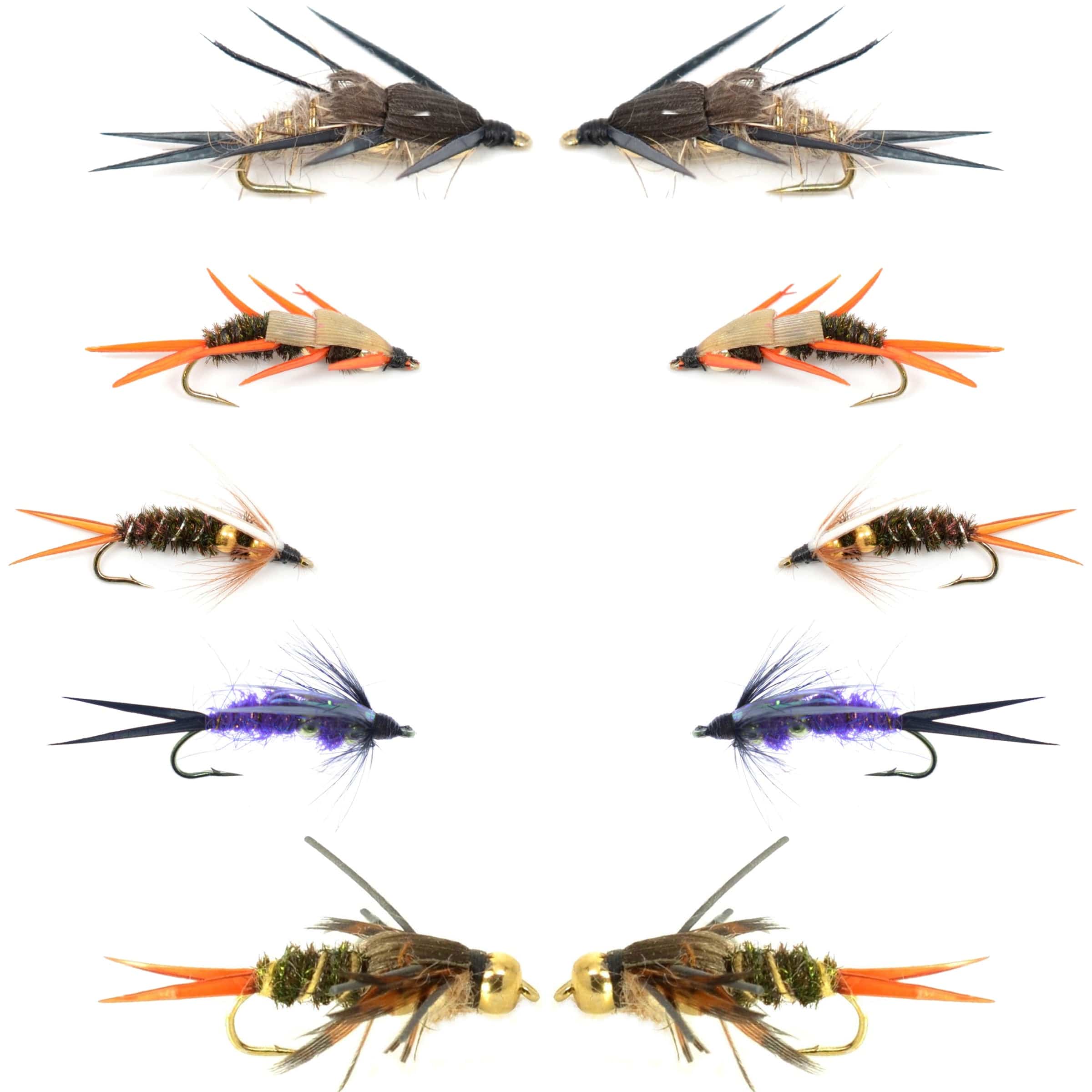 The Fly Fishing Place Nymph Flies Basics Collection - Double Bead Head Nymph Assortment - 10 Wet Flies - 5 Patterns - Hook Size 10