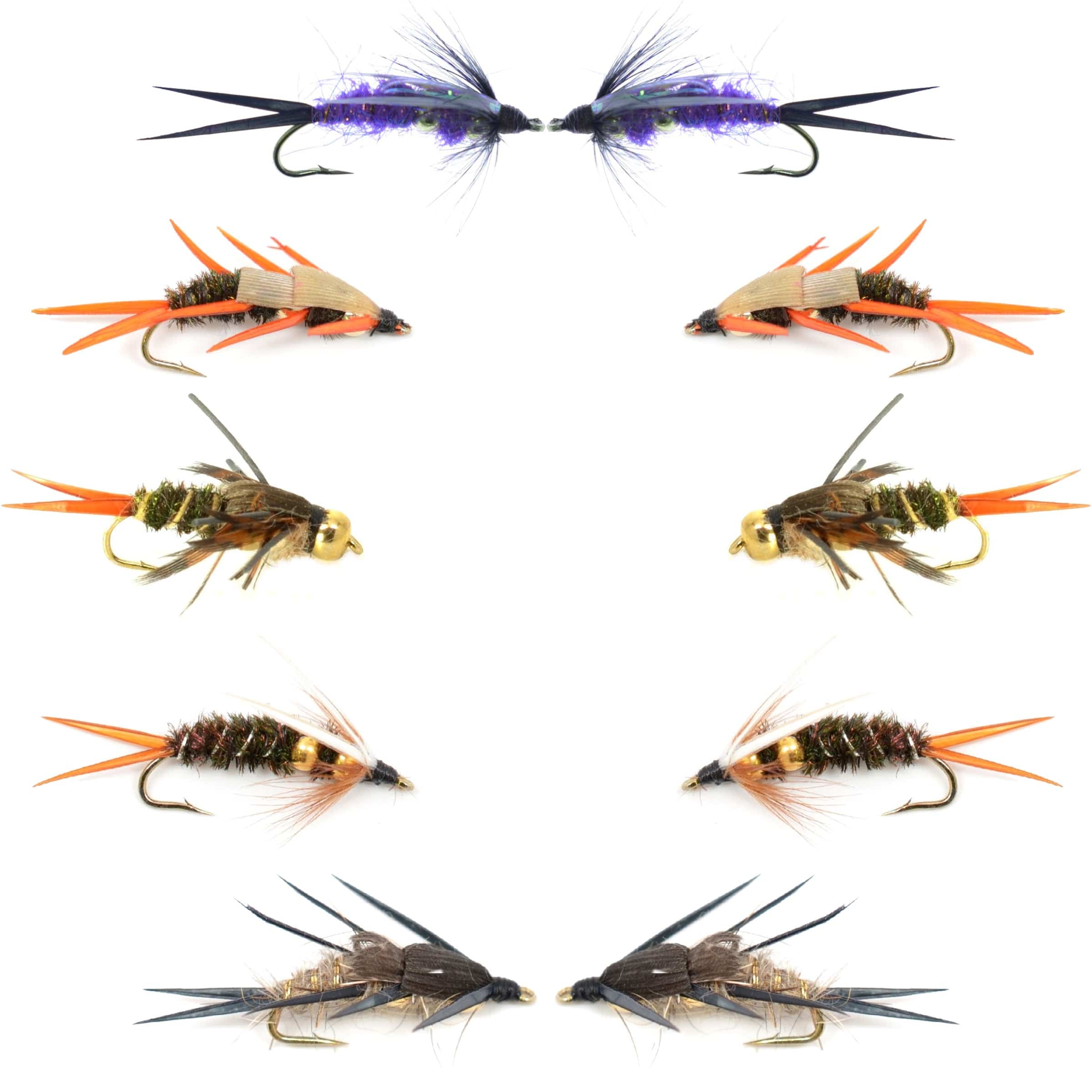 The Fly Fishing Place Nymph Flies Basics Collection - Double Bead Head Nymph Assortment - 10 Wet Flies - 5 Patterns - Hook Size 12