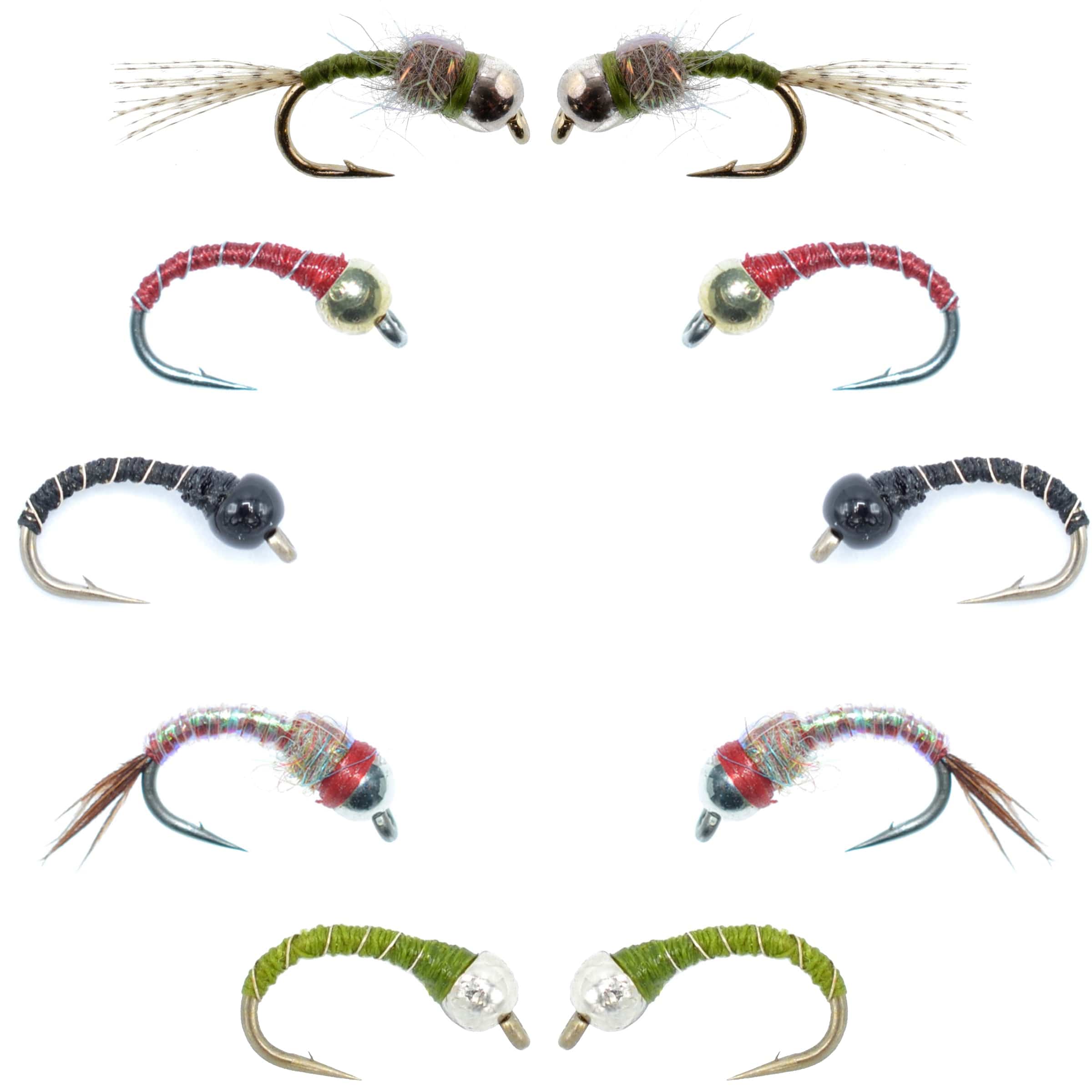 The Fly Fishing Place Nymph Flies Basics Collection - Essential Bead Head Midge Nymph Assortment - 10 Wet Flies - 5 Patterns - Hook Sizes 14, 16, 18