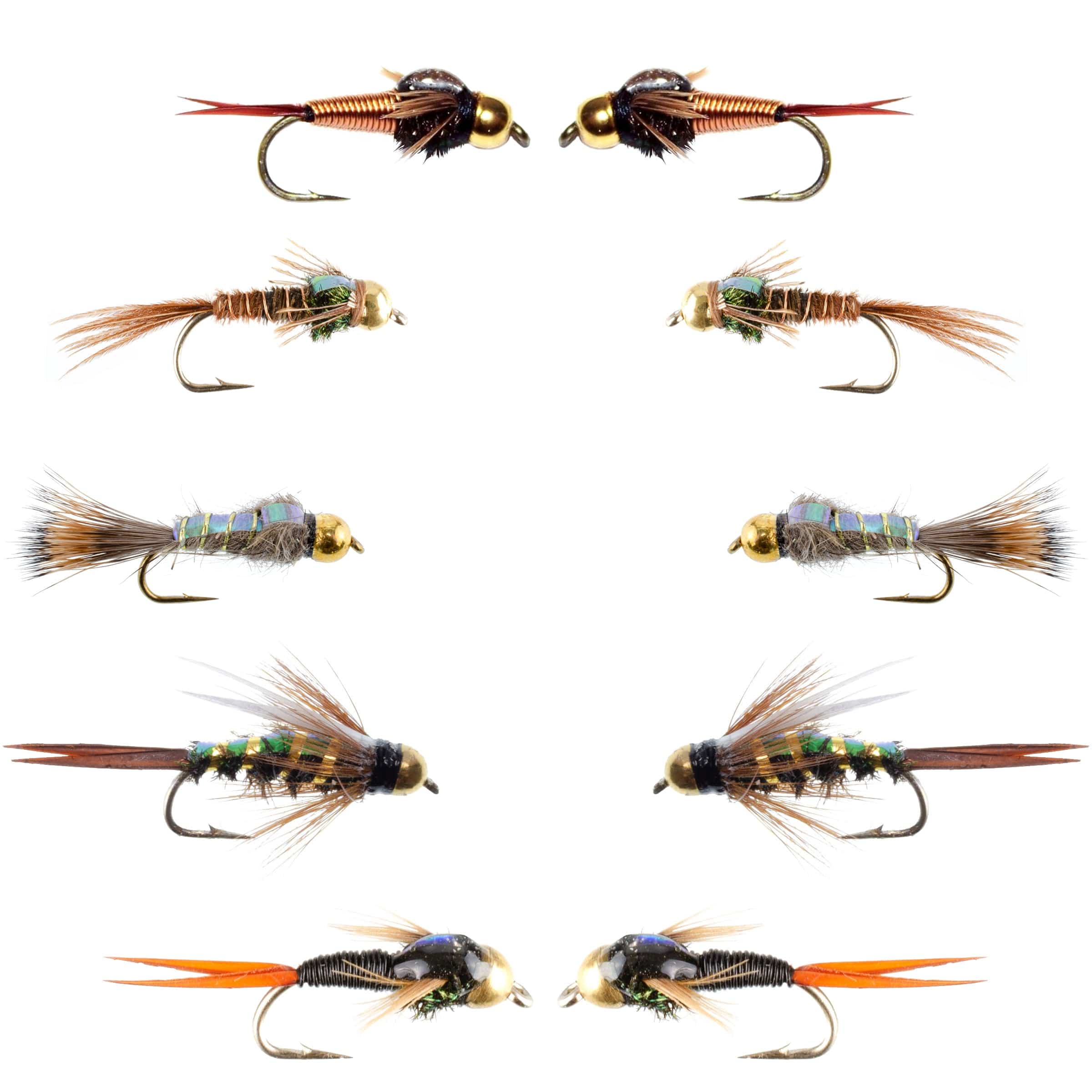 The Fly Fishing Place Nymph Flies Basics Collection - Flash Back Tungsten Bead Head Nymph Assortment - 10 Wet Flies - 5 Patterns - Hook Sizes 10, 12, 14, 16