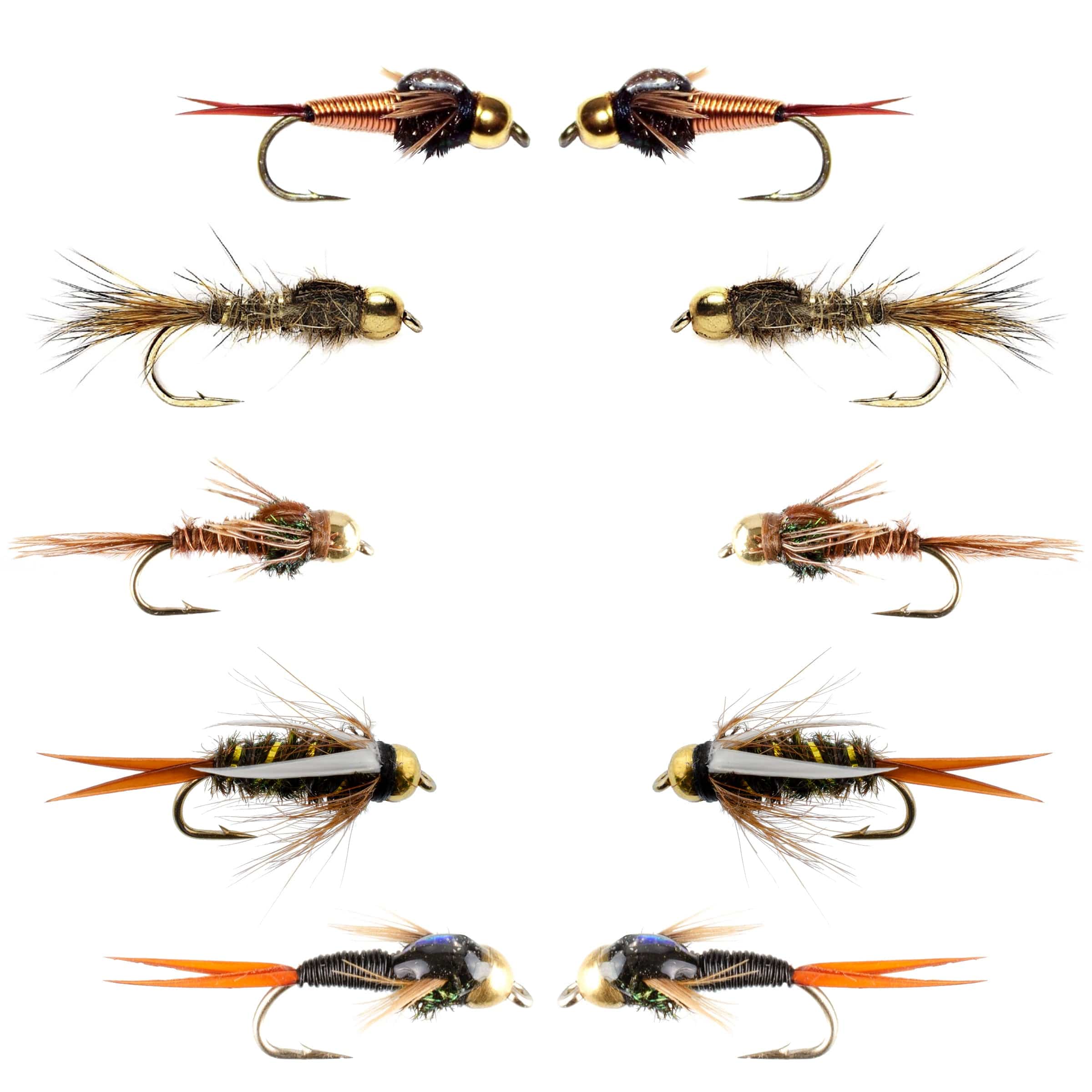 The Fly Fishing Place Nymph Flies Basics Collection - Tungsten Bead Head Nymph Assortment - 10 Wet Flies - 5 Patterns - Hook Sizes 10, 12, 14, 16