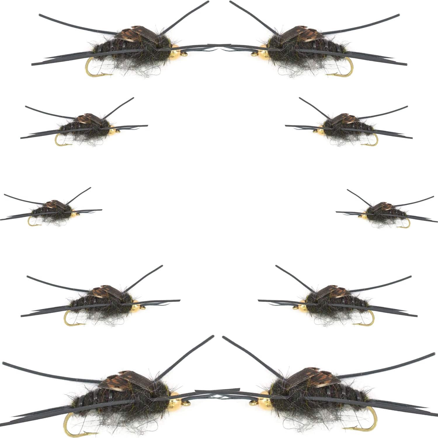 The Fly Fishing Place Nymphs Basics Collection - Kaufmann's Black Stonefly Nymph Assortment - 10 Bead Head Rubber Legs Wet Flies - 2 Each Hook Sizes 4, 6, 8, 10, and 12