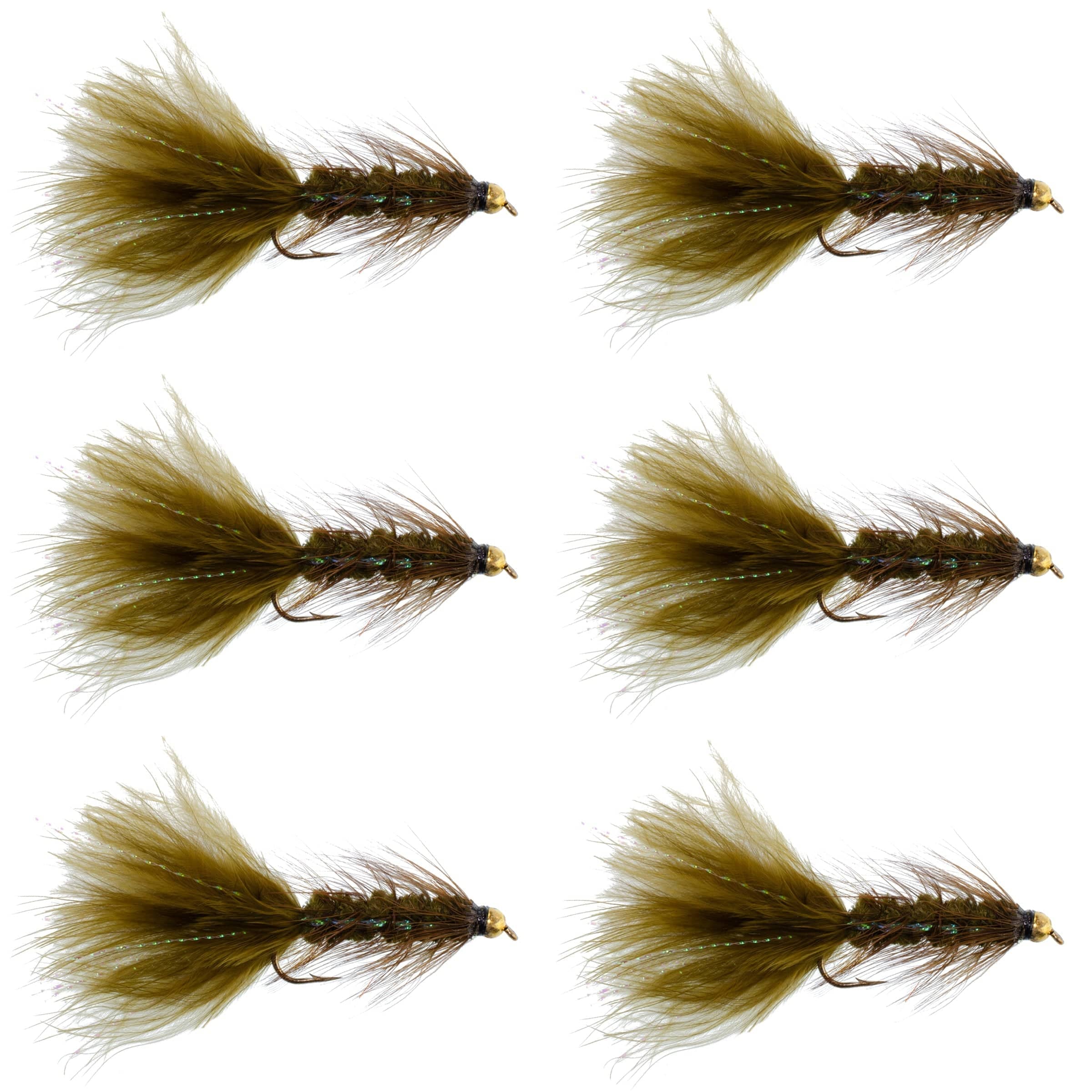 The Fly Fishing Place Streamer Flies Dark Olive Bead Head Crystal Woolly Bugger Classic Streamer Flies - Set of 6 Trout Fly Fishing Flies - Hook Size 4