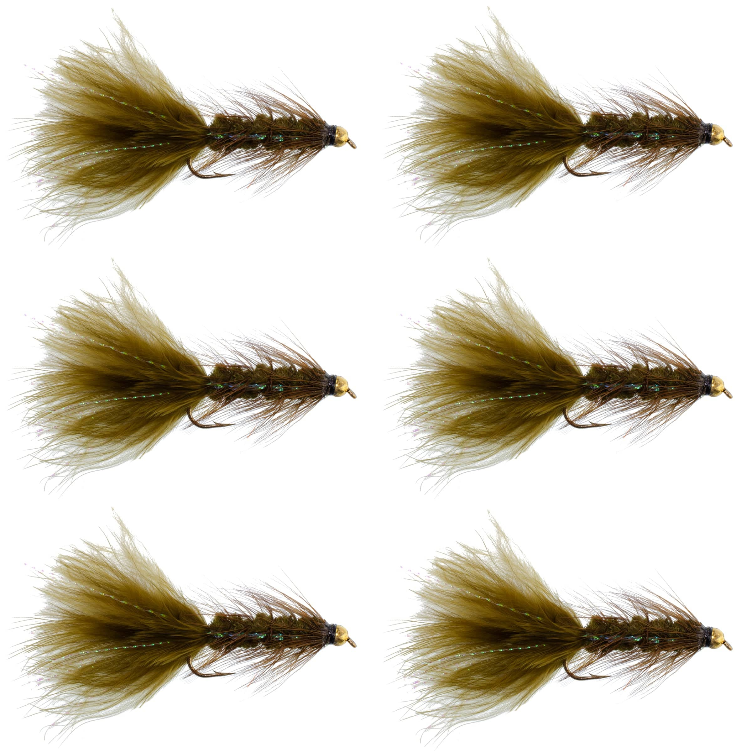 The Fly Fishing Place Streamer Flies Dark Olive Bead Head Crystal Woolly Bugger Classic Streamer Flies - Set of 6 Trout Fly Fishing Flies - Hook Size 8