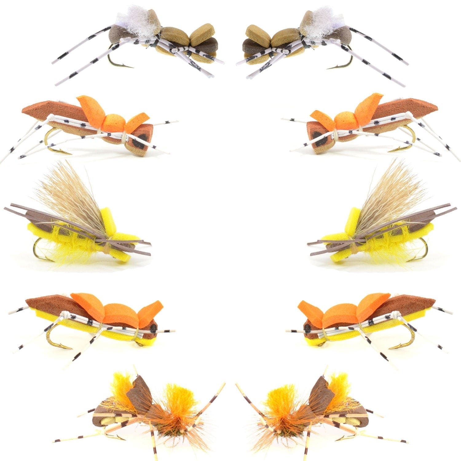 The Fly Fishing Place Terrestrials Basics Collection - Foam Hoppers Dry Fly Assortment - 10 Dry Fishing Grasshopper Flies - 5 Patterns - Hook Size 10