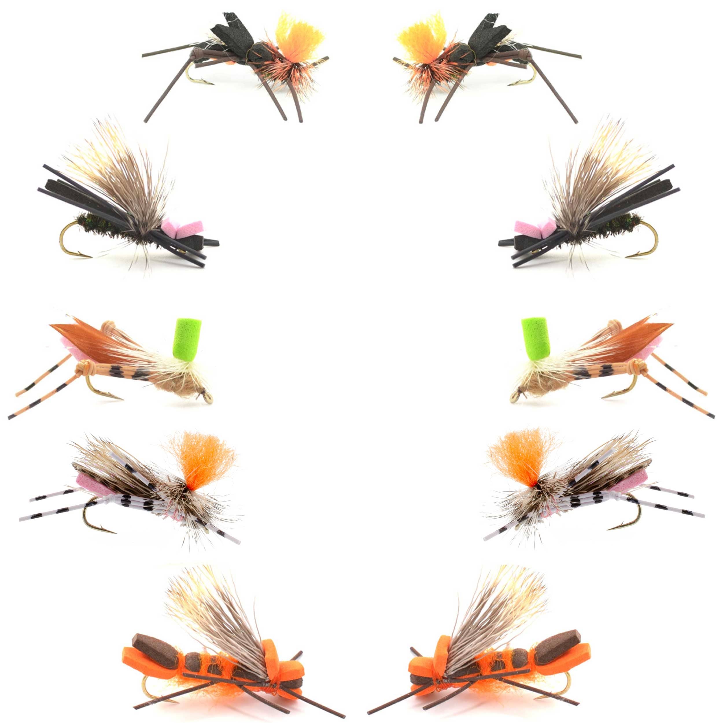The Fly Fishing Place Terrestrials Basics Collection - Foam Hoppers Dry Fly Assortment #2 - 10 Dry Fishing Grasshopper Flies - 5 Patterns - Hook Size 10