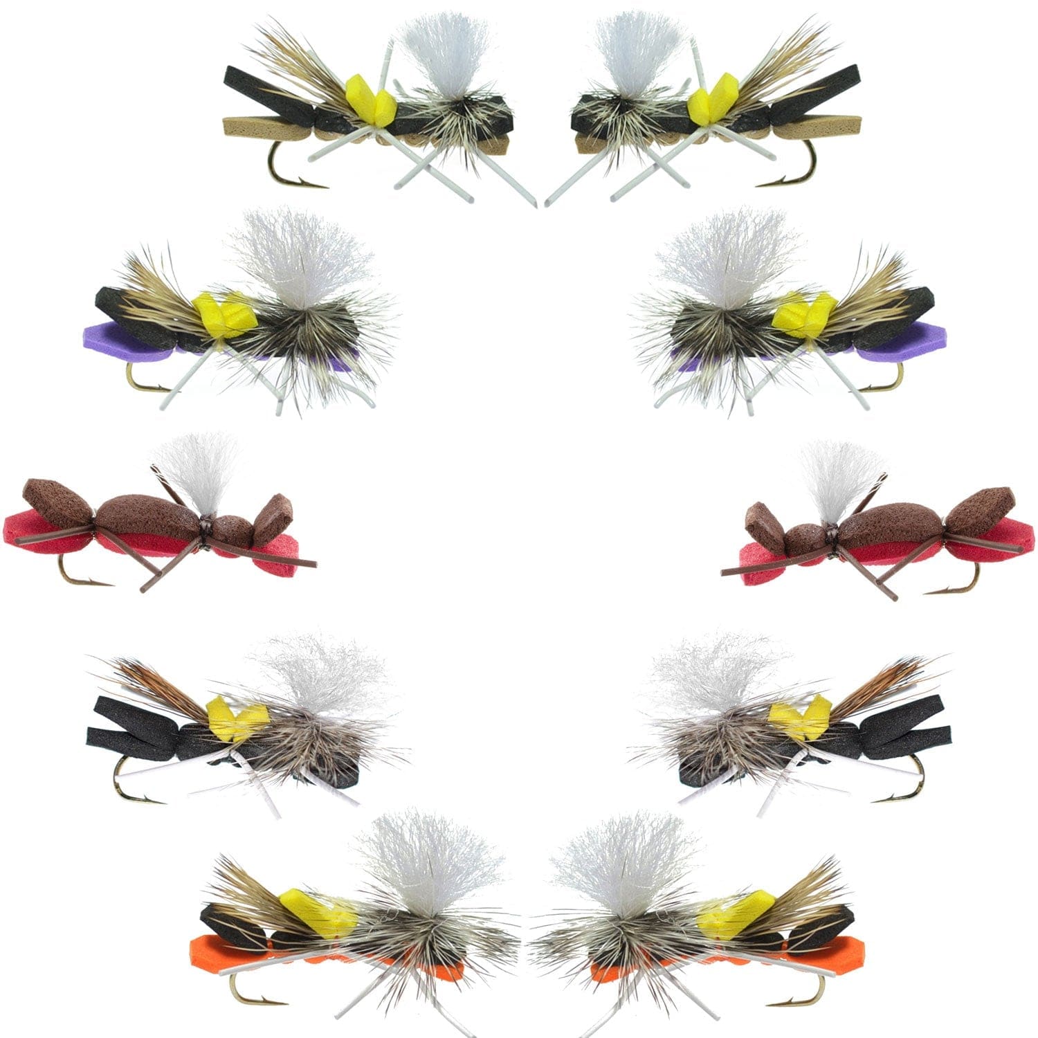 The Fly Fishing Place Terrestrials Basics Collection - Parachute Chernobyl Ant Foam Dry Fly Assortment - 10 Dry Fishing Grasshopper Dropper Flies - 5 Patterns - Hook Size 10