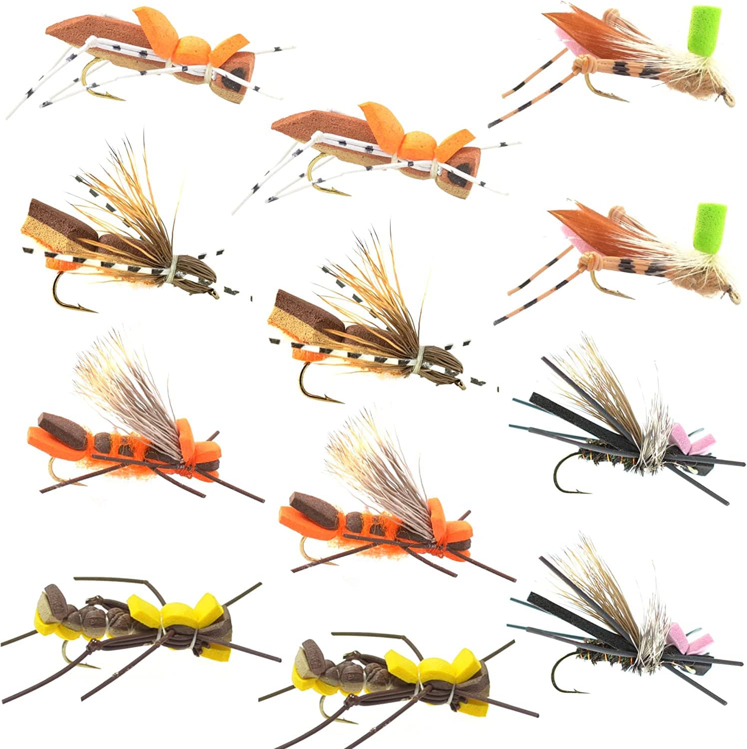 The Fly Fishing Place Terrestrials Foam Hopper Fly Fishing Flies Assortment - 12 Flies - 2 Each of 6 Grasshopper Dropper Hopper with Fly Box