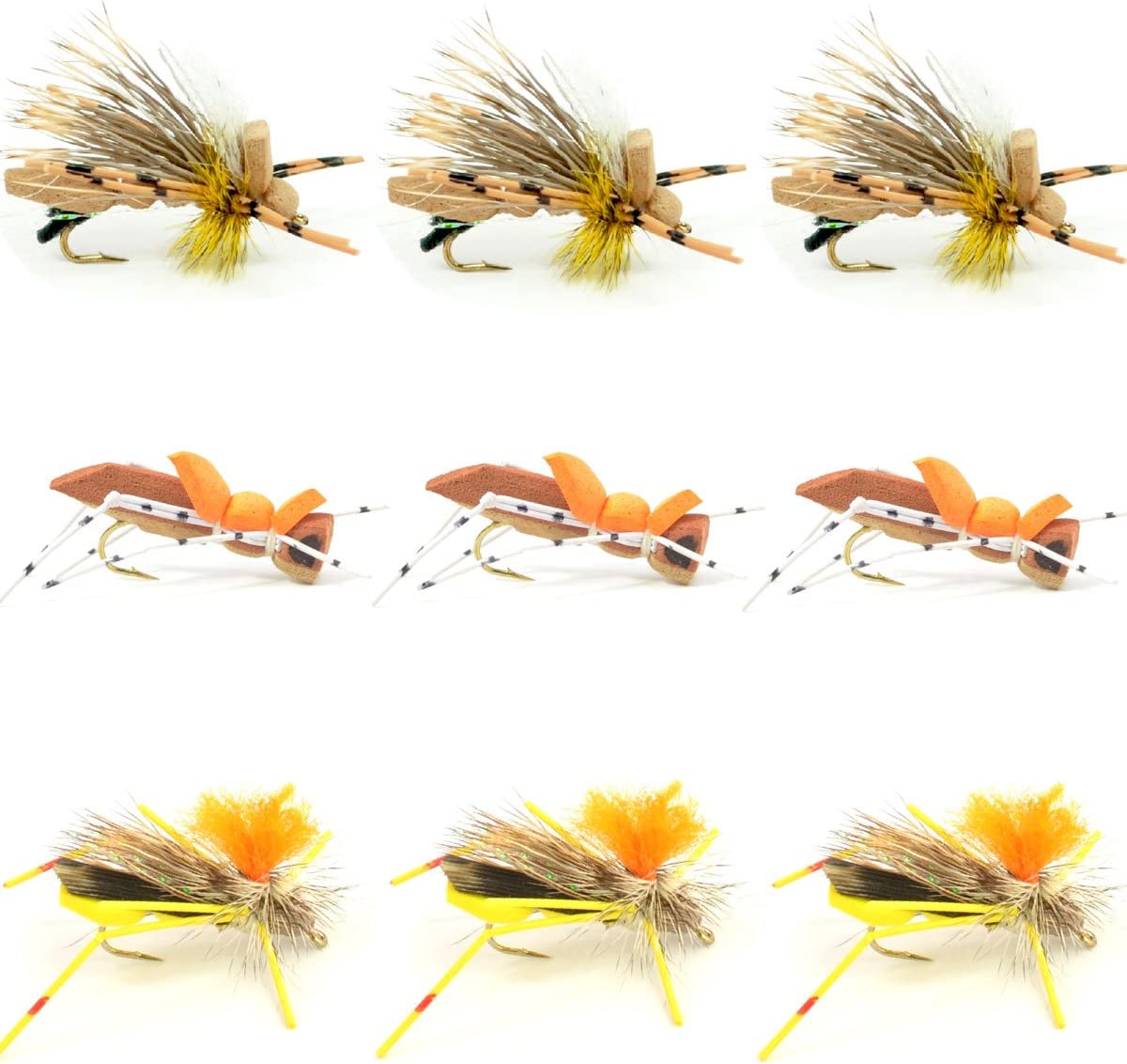 The Fly Fishing Place Terrestrials Grasshopper Trout Flies Fishing Flies Assortment Dropper Hopper Foam Body - 9 Flies 3 Patterns Hook Size 10