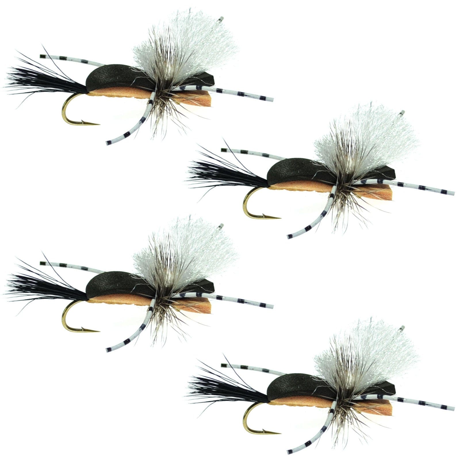 The Fly Fishing Place Terrestrials Hippie Stomper Black Tan Foam Body Grasshopper Dry Fly - 4 Flies Size 10
