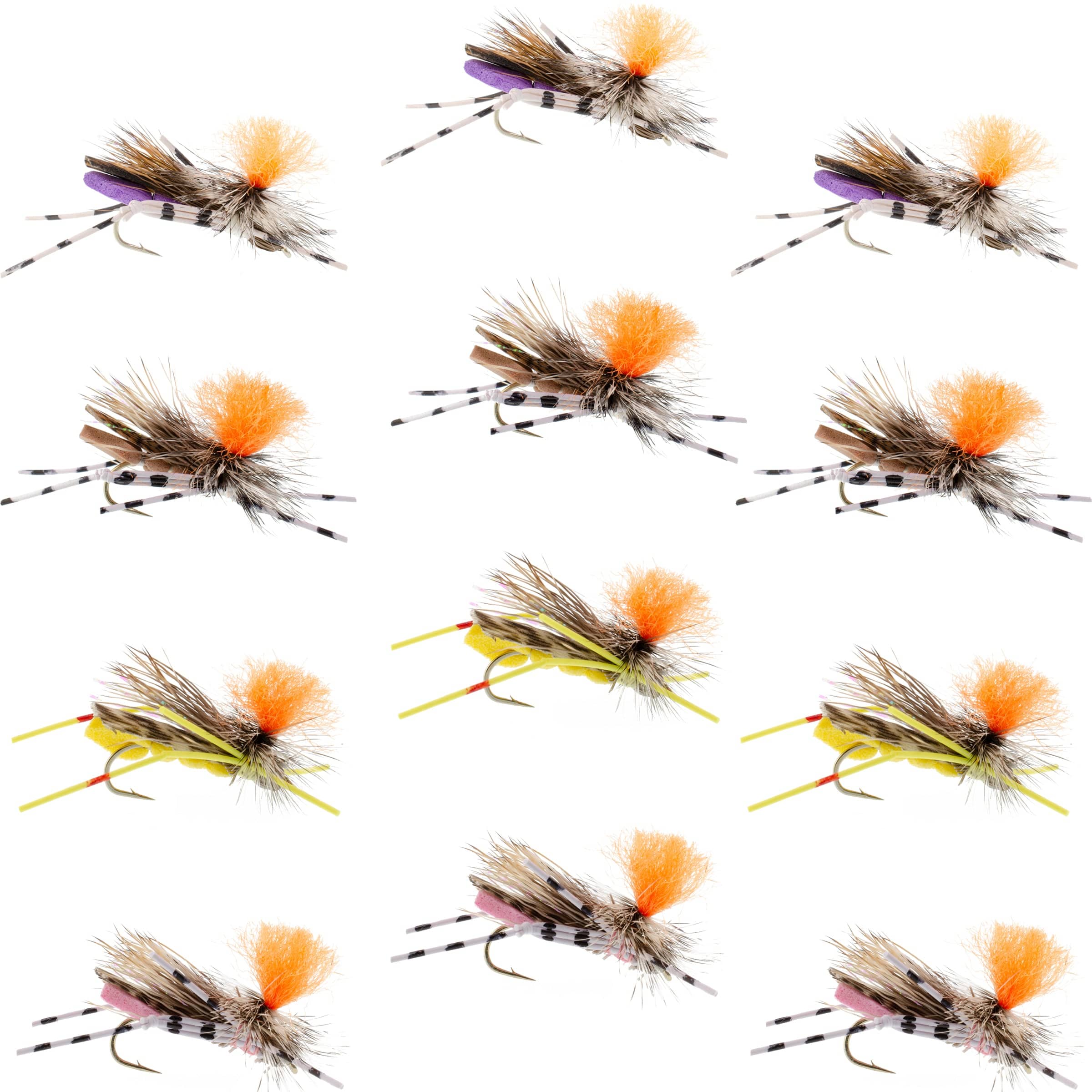 The Fly Fishing Place Terrestrials Trout Fly Assortment - High Visibility Feth Grasshopper Dry Fly Collection 1 Dozen Flies - Foam Body Hopper Flies - Size 10