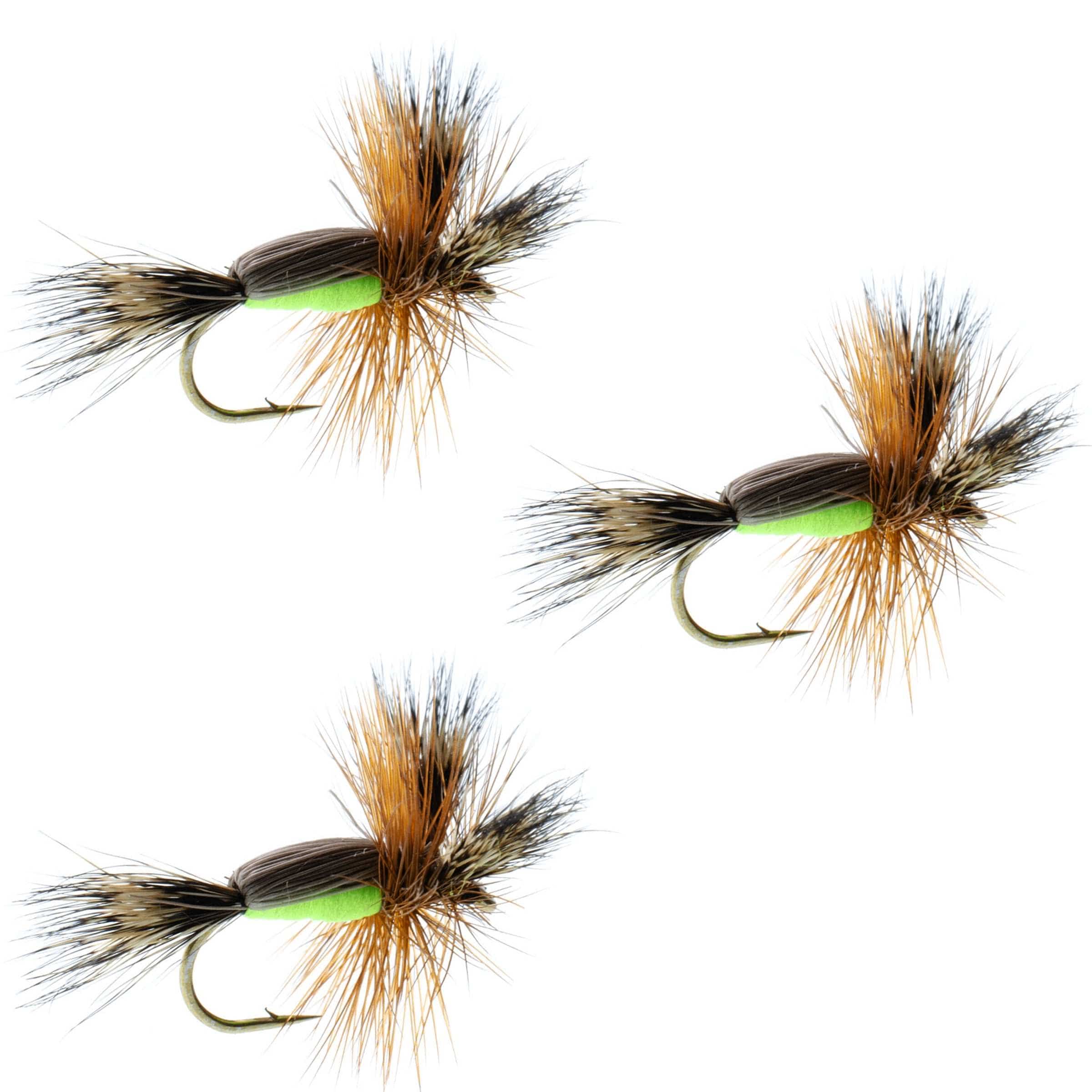 The Fly Fishing Place Trout Dry Flies 3 Pack Barbless Chartreuse Humpy Classic Hair Wing Dry Fly - Hook Size 12