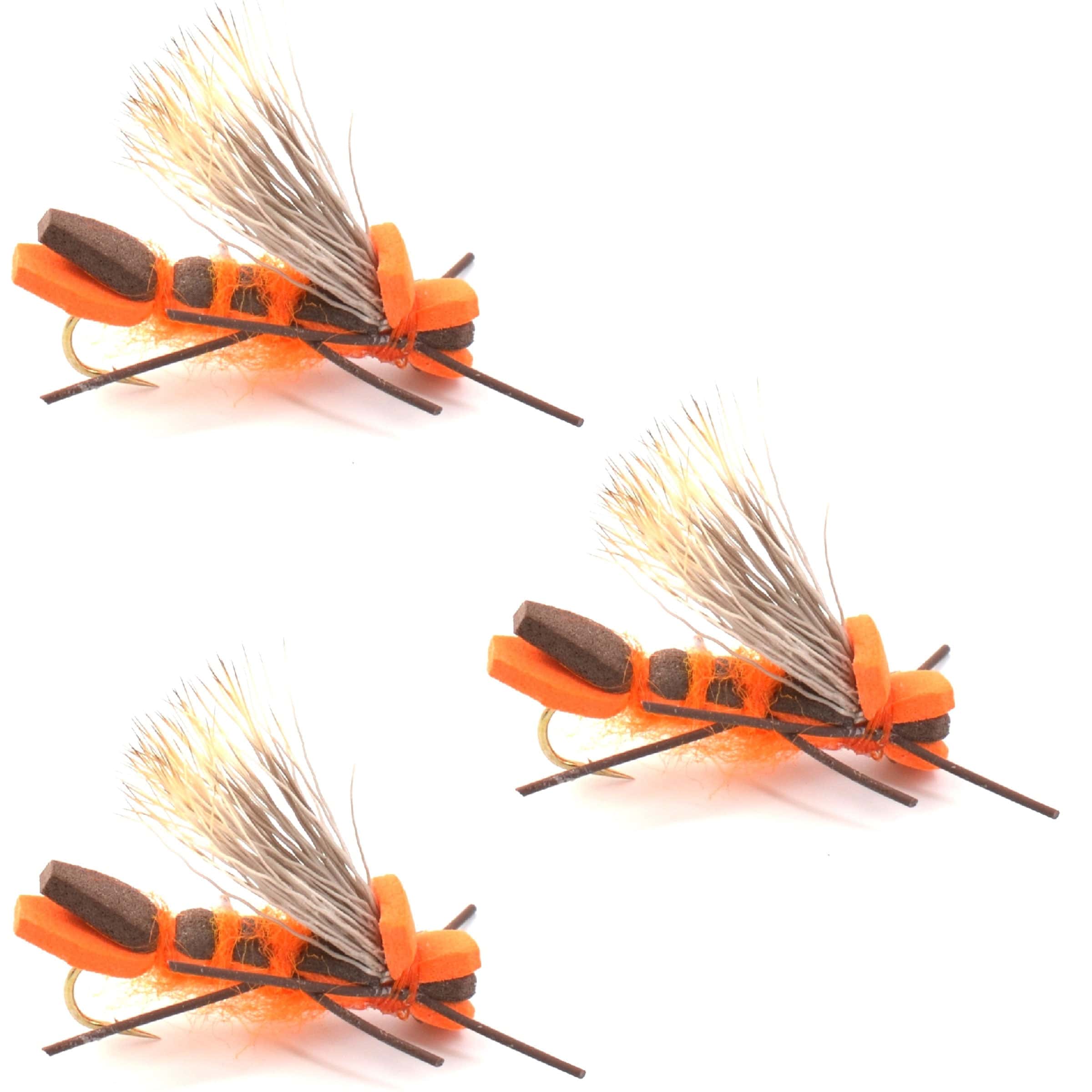The Fly Fishing Place Trout Dry Flies 3 Pack Orange Godzilla Hopper - Foam Grasshopper or Adult Salmonfly Fly Pattern - Hook Size 10